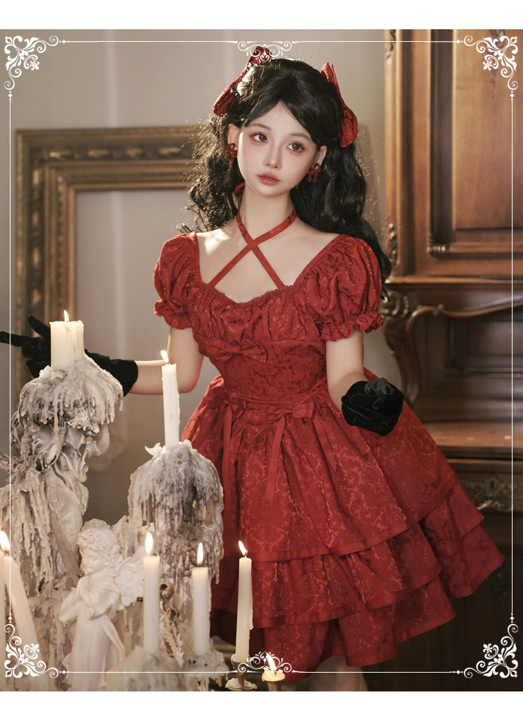 Eieyom - Elegant Lolita Short Sleeve Red Dress