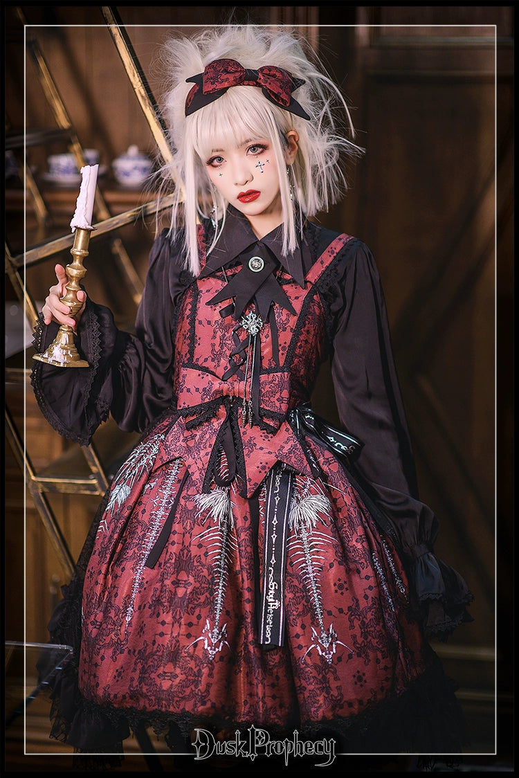 DuskProphecy - Coccyx - Elegant Lolita Dress High Waist Fishbone Print JSK Set 34722:466562