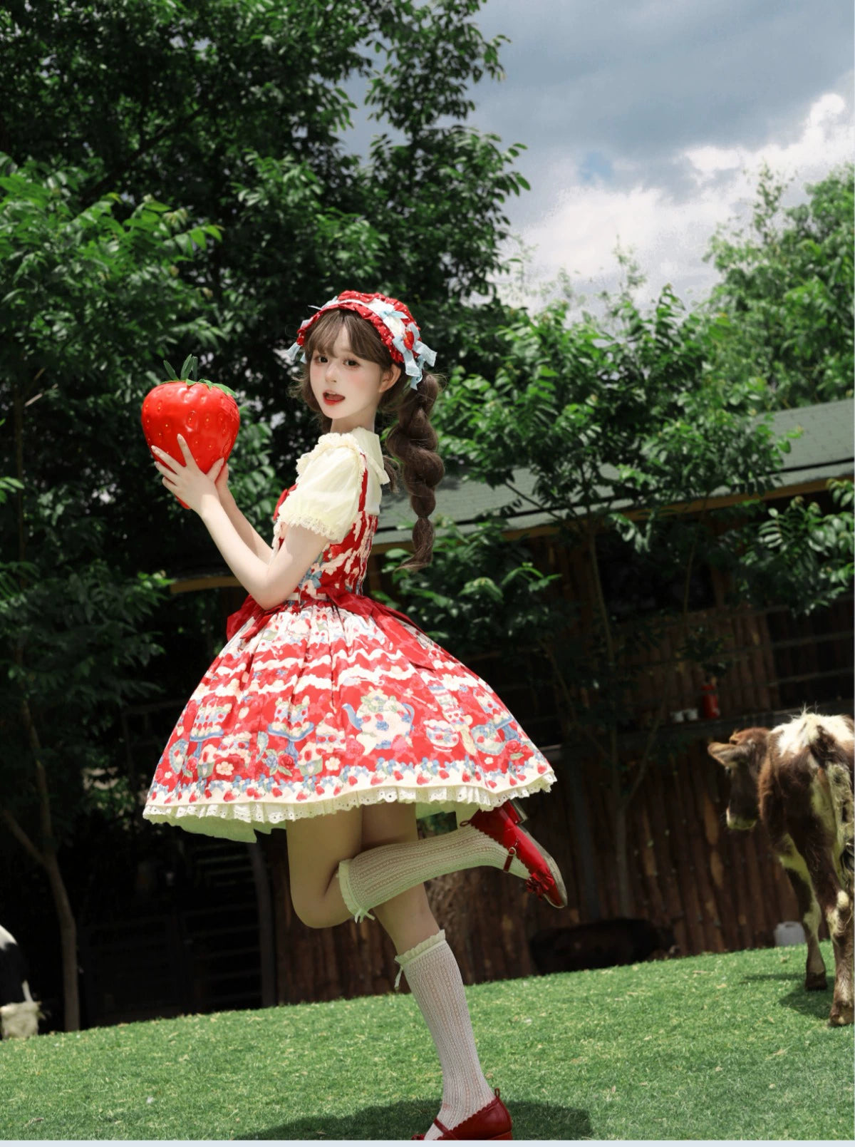 Rose Whispers - Strawberry Tata - Sweet Lolita Dress Suit With Strawberry Cake Print