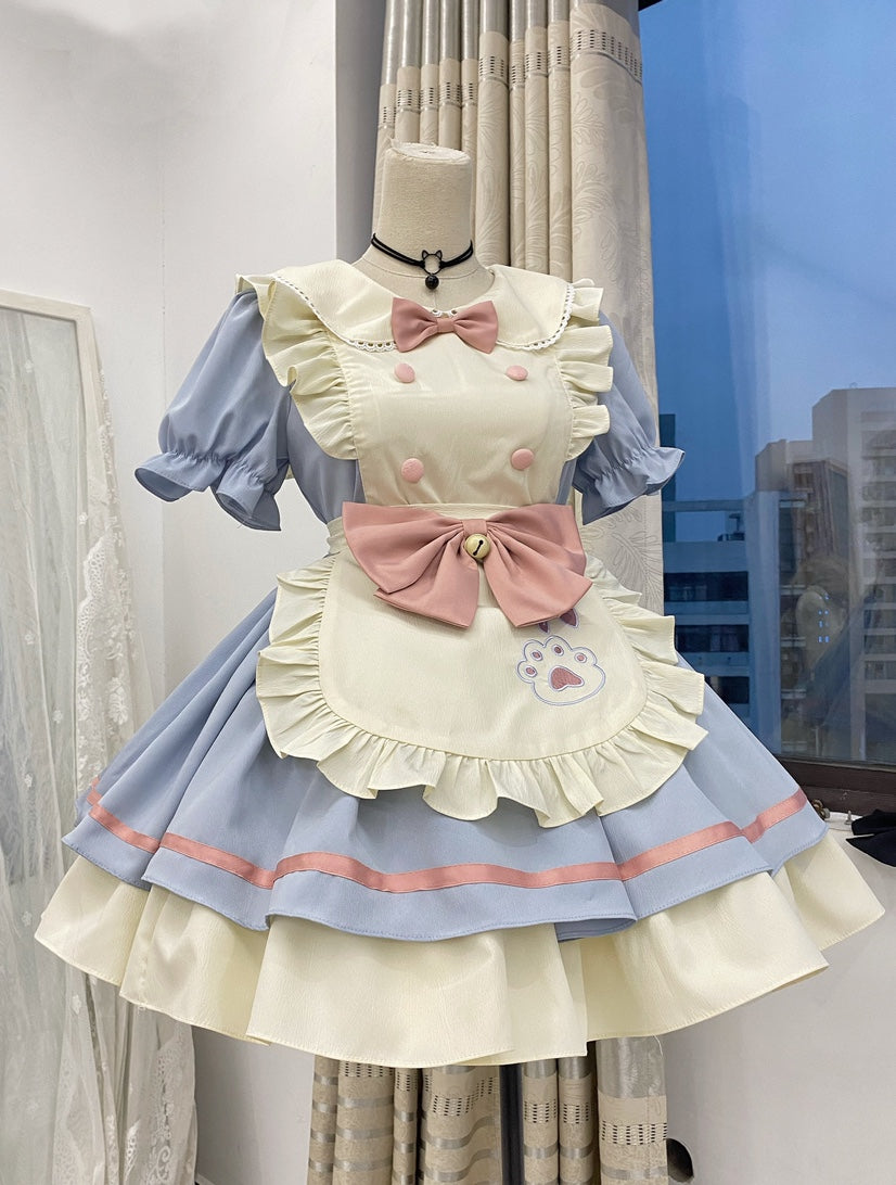 Qianmu - Cat Cafe - Maid Lolita OP dress with Detachable Bow and Apron Blue Pink - OP (with a apron+a large bow+a small bow) S