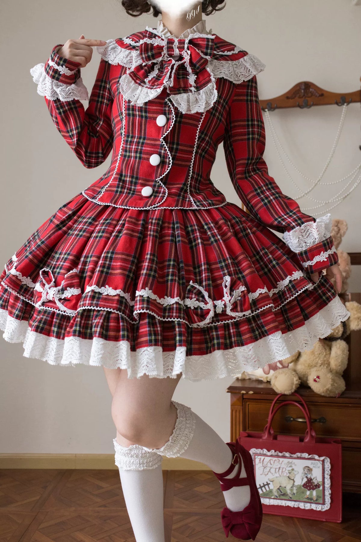 Christmas Knot - Christmas Old School Lolita Jacket & Skirt Set, Red Plaid 46051:873281
