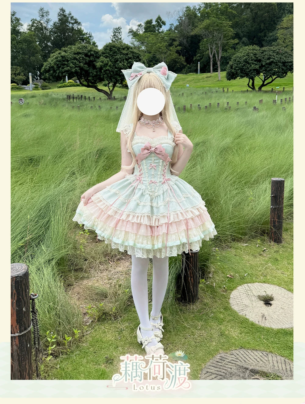 Lotus Crossing - Sweet Lolita Tiered Hem JSK Dress with Satin Bow 45302:844768
