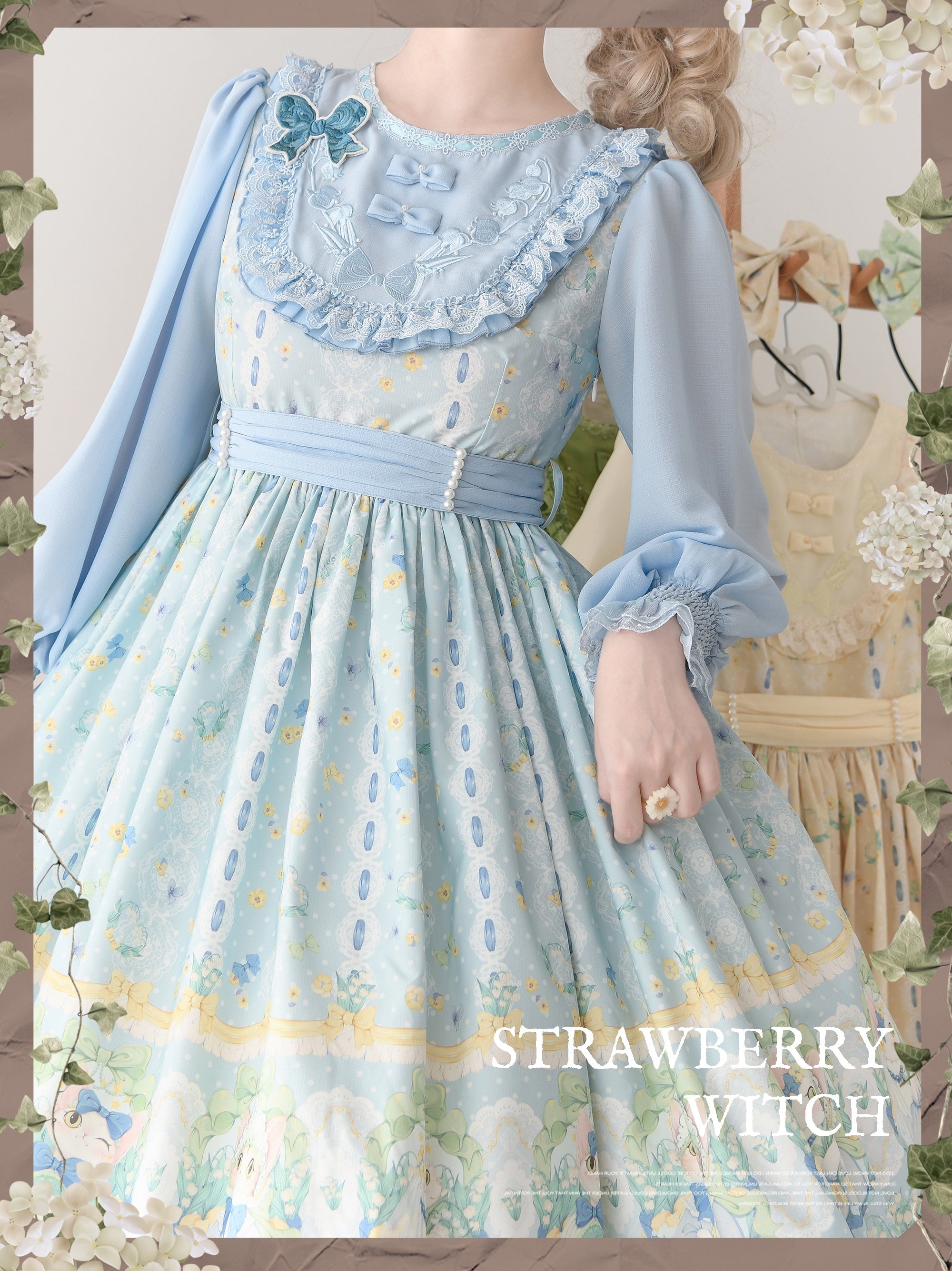 Strawberry Witch - Lily of the Valley Kitten - Country Lolita OP with Embroidery and Cat Print