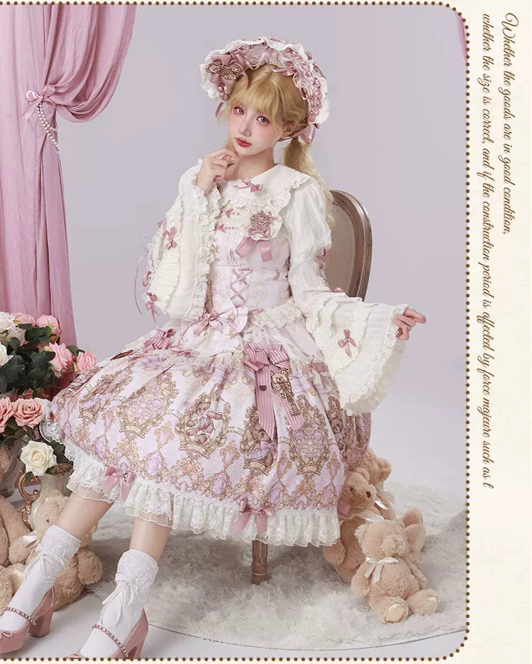 Antique Teddy Bear - Classic Lolita Printed JSK Dress with Ribbon Bows 45538:853257