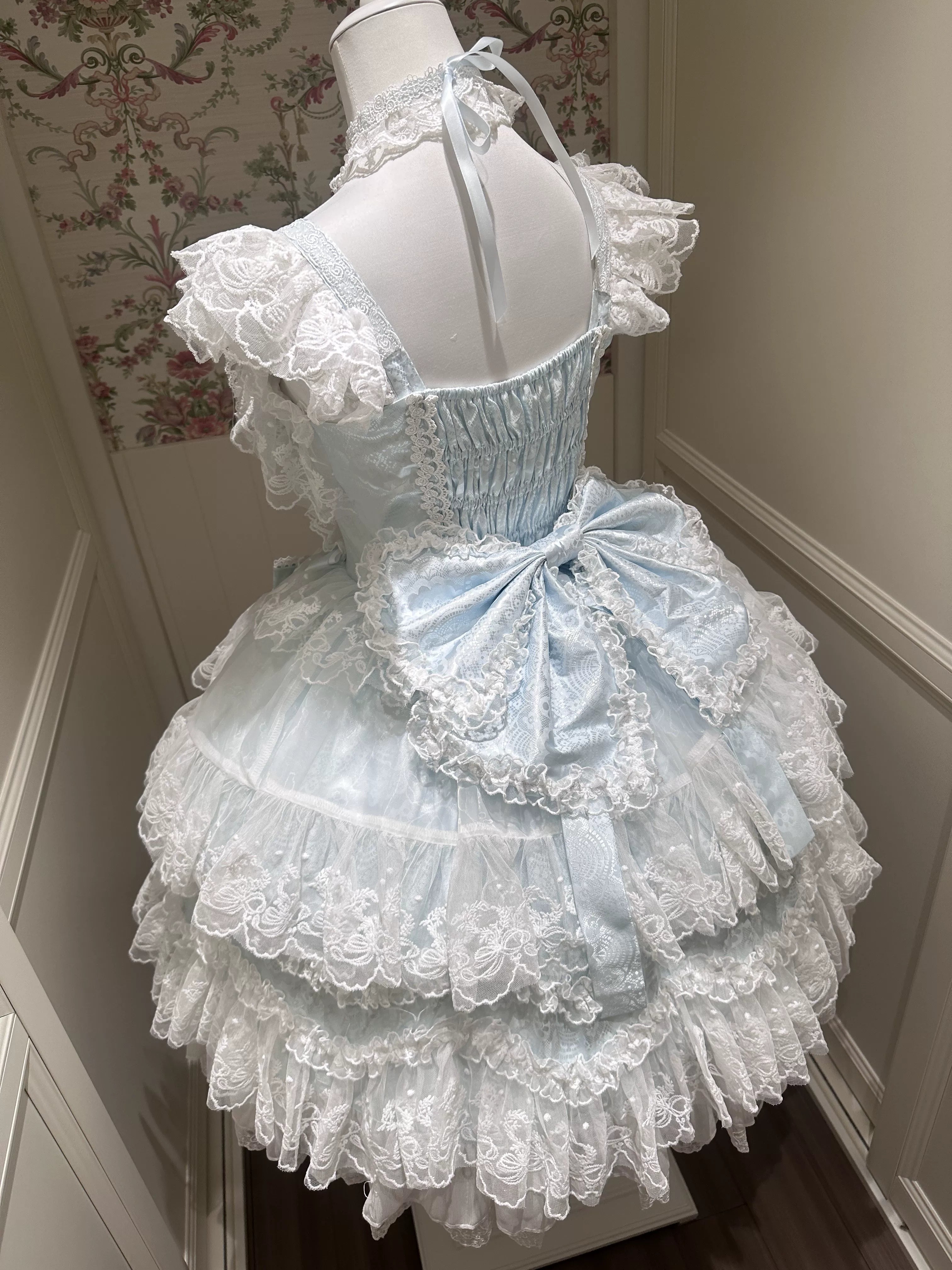 Sakura Blossom Dream - Dreamy Sweet Lolita JSK Dress, Abundant Lace & Bows Blue - JSK + Back Trailing Bow S