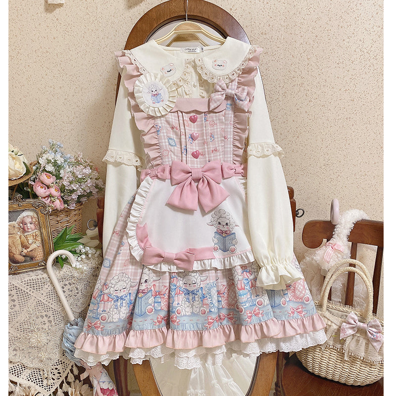 Cinderella - Goat Baa Bedtime Story - SheepPrint Kawaii Lolita JSK pink dress+apron+side clip+brooch S