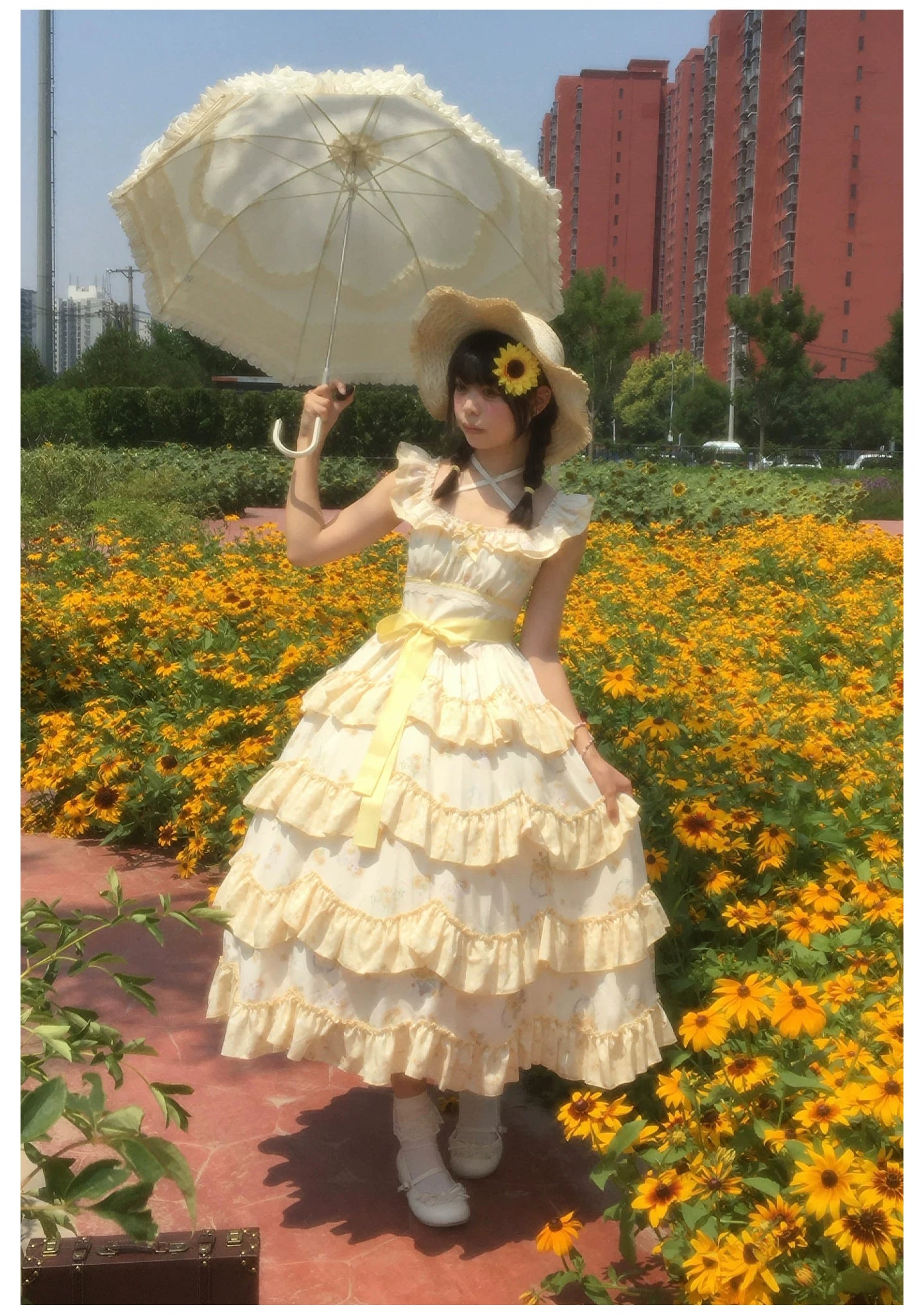 Small Sunflower - Classic Lolita Sunflower Printed JSK Dress, Tiered Hem 45740:860893