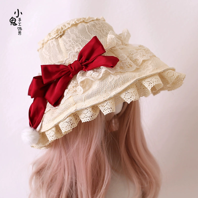 Xiaogui - Retro Lolita Hat Lace Handmade Doll Hat with Multicolor Bows One Size beige hat with burgundy bow