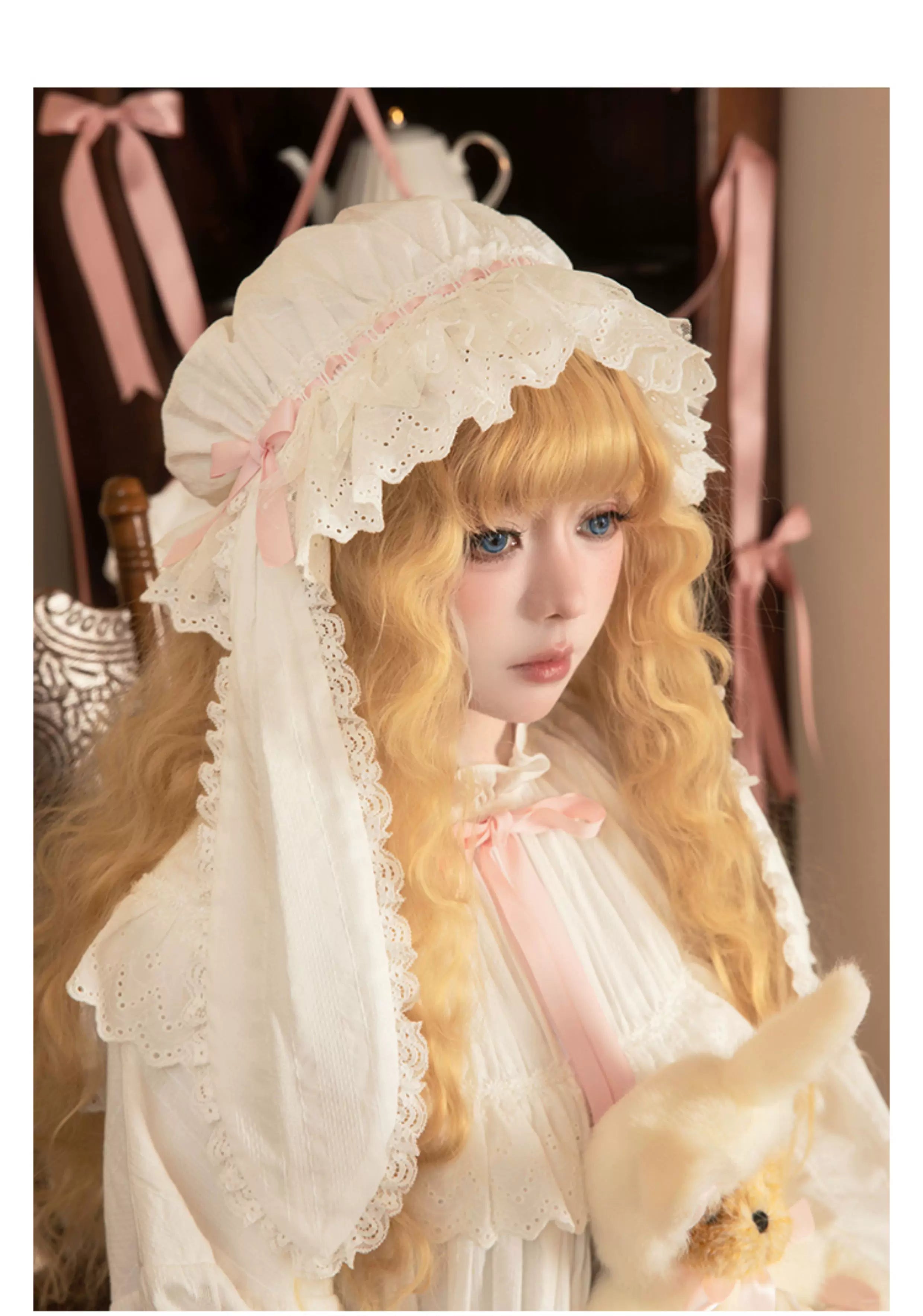 Lop-Eared Bunny Dream - Vintage Lolita Doll-like Nightdress, Ruffles & Bow