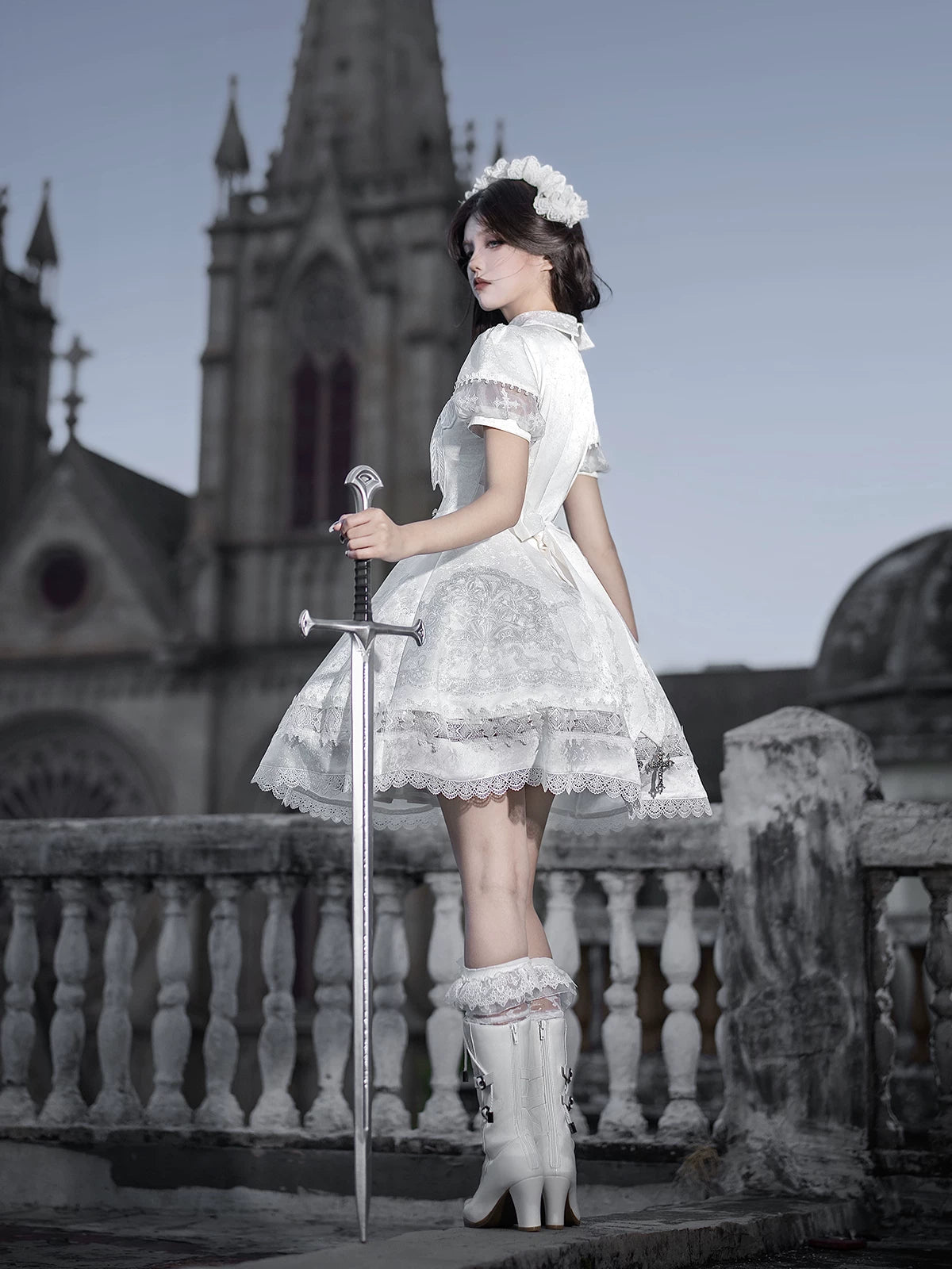 White Classic Lolita Printed OP Dress with Cross
