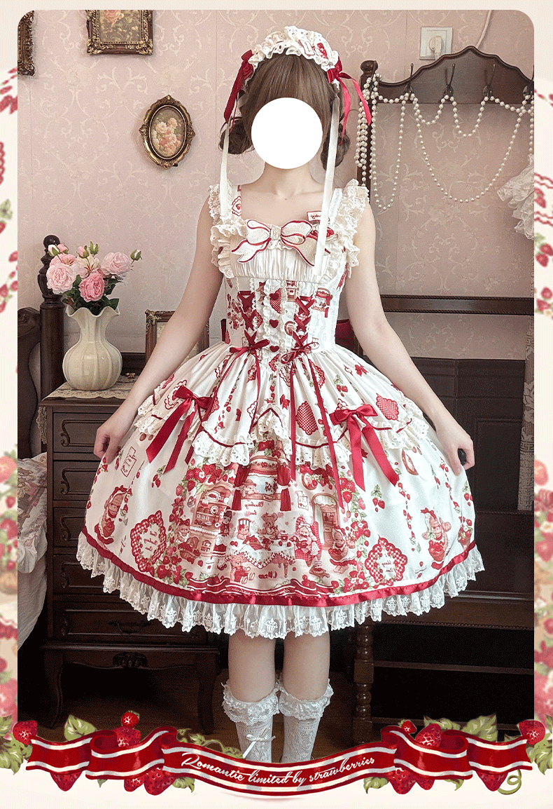 ZhiJinYuan - Strawberry Bear - Sweet Lolita Jumper Dress, Strawberry Bear Prints JSK + Chest Brooches*2 + Back Bow Trailing*1 S