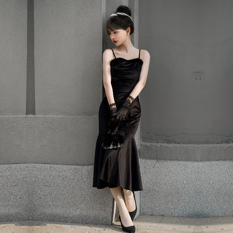 With Puji~Black Tea JSK~Han Lolita Fishtail Skirt and Bolero S Cchinese style minimalist fishtail dress 