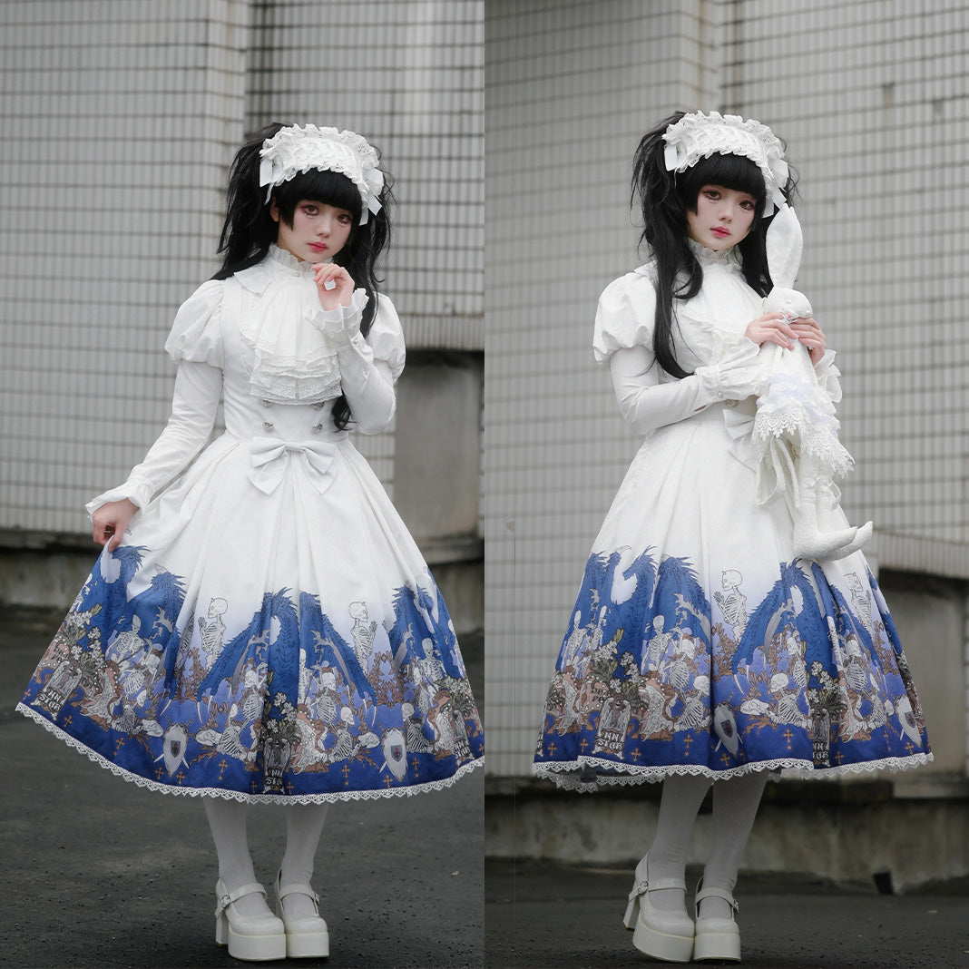 Nn Star - Dragonbone Lily - Dragon Skeleton Print Gothic Lolita Bust-supporting JSK and BNT 42664:748578