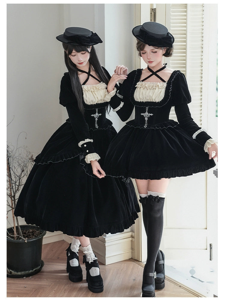 With PUJI - Apocalypse - Gothic Lolita Velvet OP Dress Set, Fishbone Waist 44128:797120