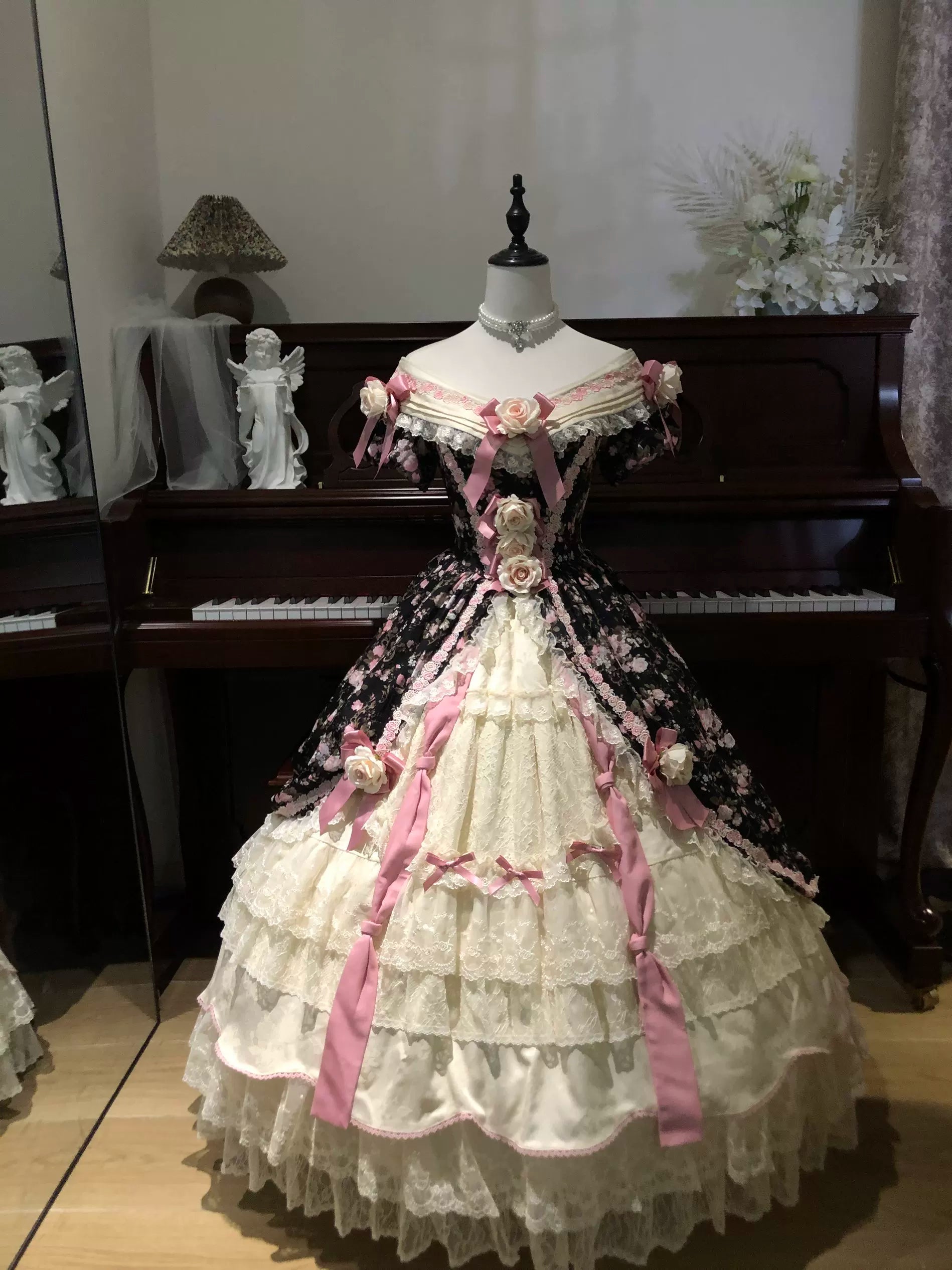 Dolota Flower Wall - Classic Lolita Floral OP Dress, Open Shoulder 44485:811222