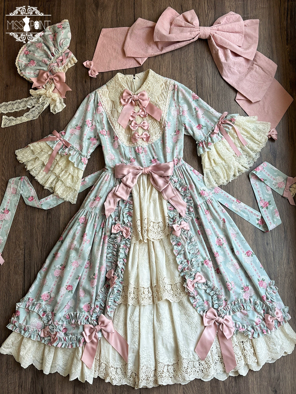 Miss Point - Lilyka Garden - Classic Lolita OP Dress Set Elegant Floral Wall Princess Sleeve XS Green flower wall fullset