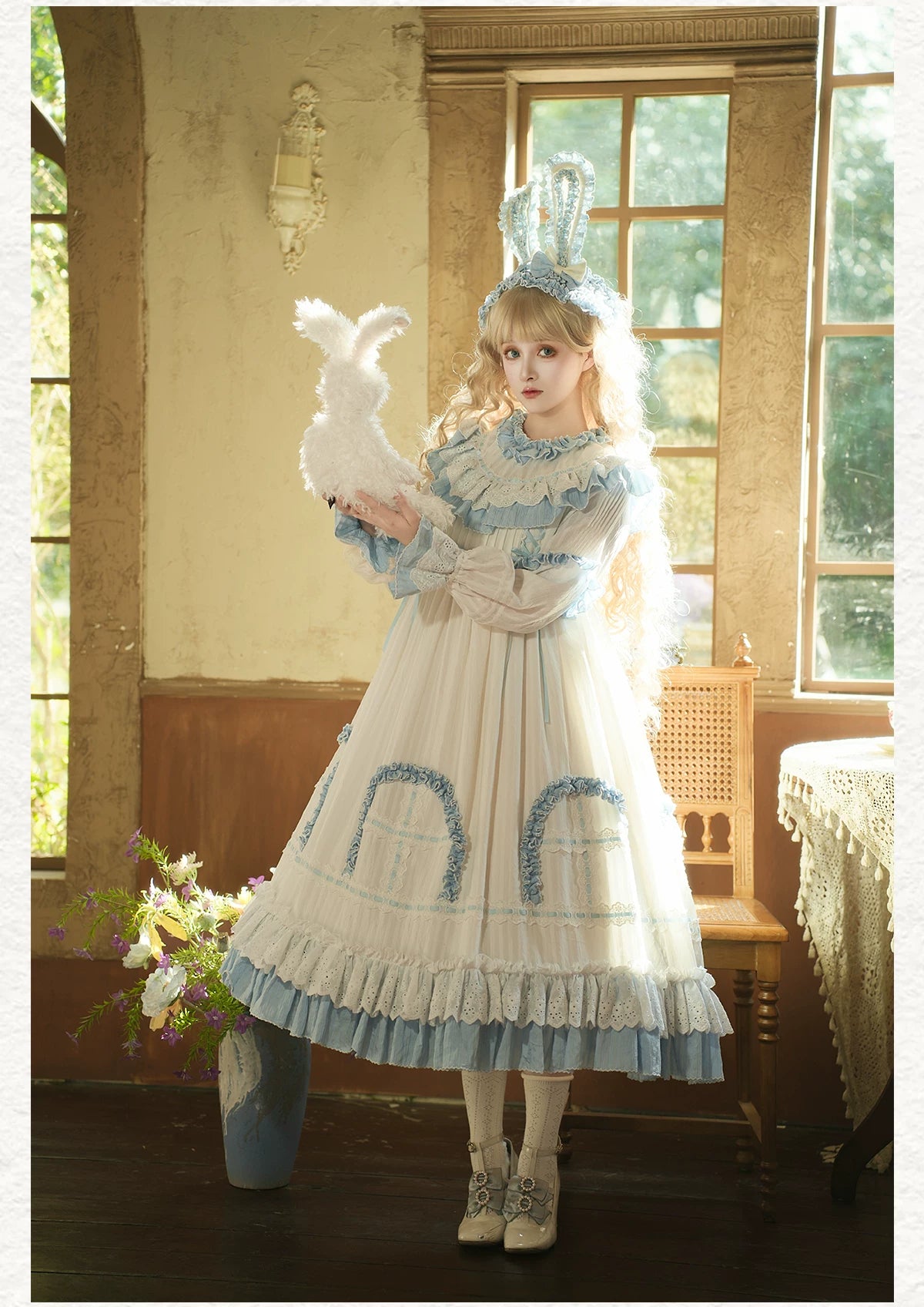 Lilian - Classic Lolita Doll-like OP Dress, Bunny Ear Hairband (Blue / L M S XS) 44900:827022