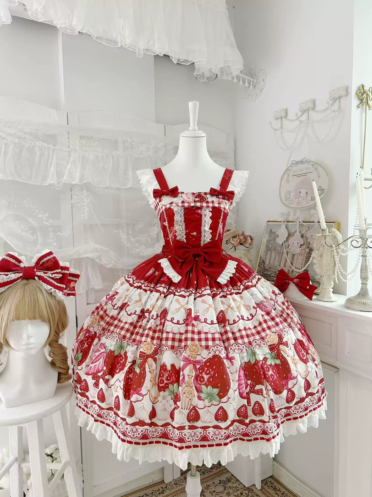 Plaid Strawberry Jam - Sweet Lolita Strawberry Printed JSK Dress (L M S) 45545:853002