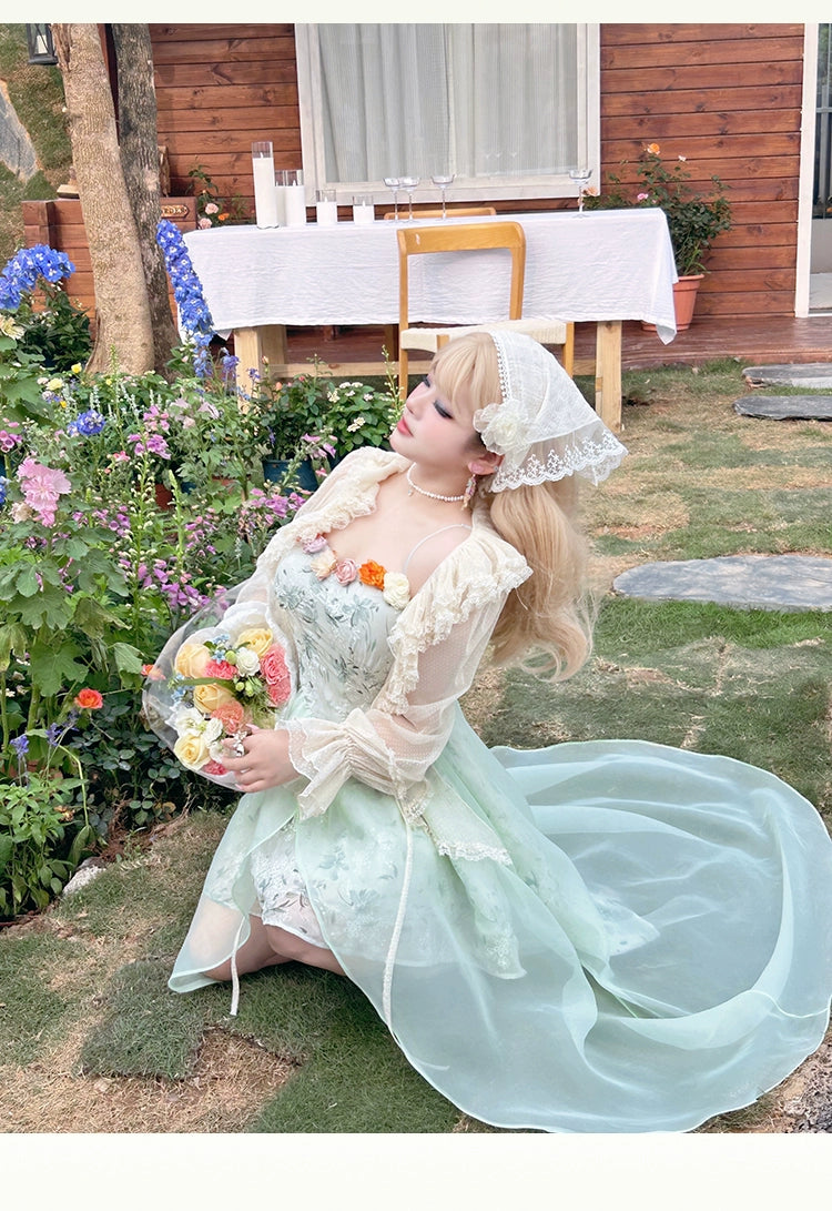 Yingtang - Plus Size Lolita JSK Dress Green Floral Lolita Dress Caidigan Set