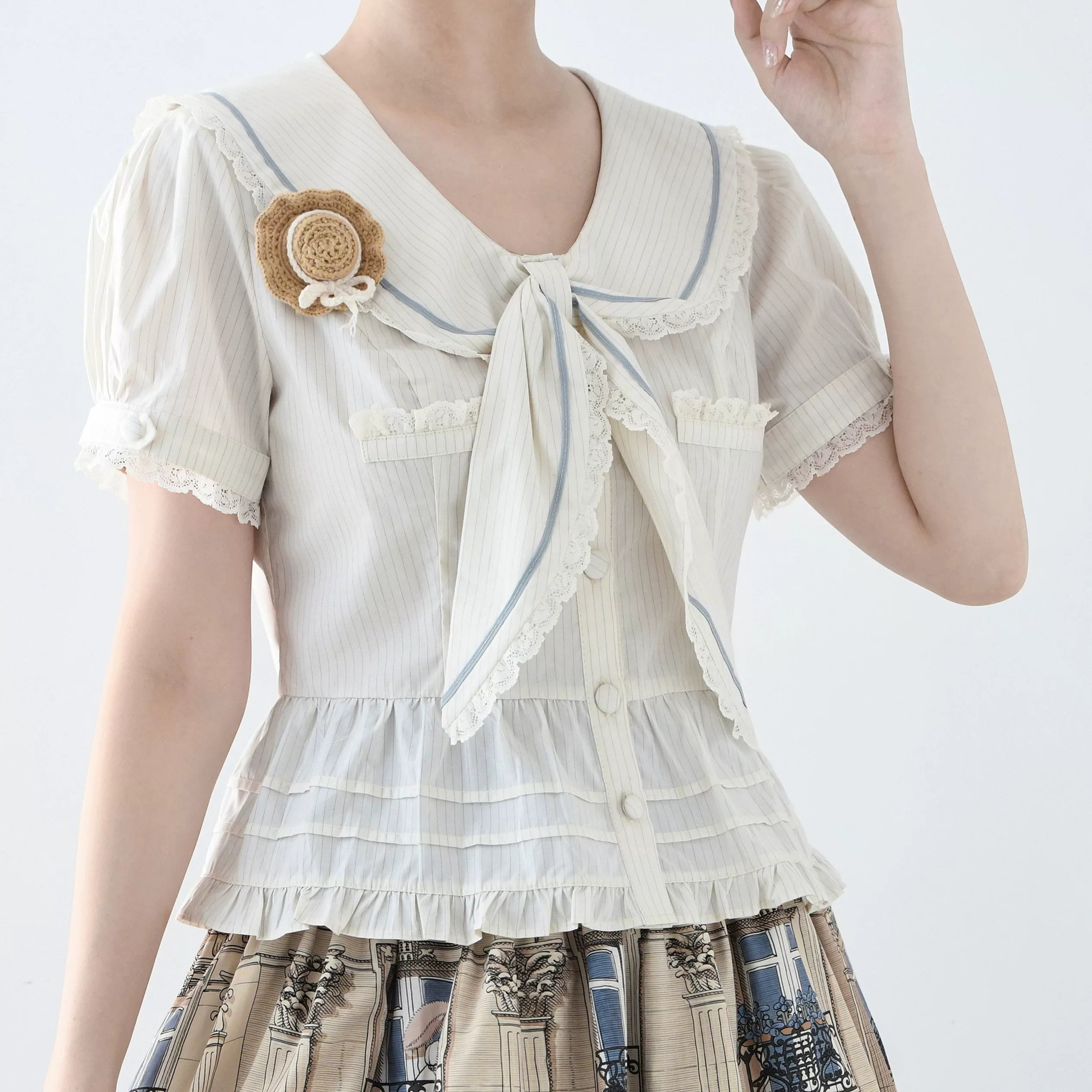 Cotton Kawaii Lolita Blouse, Lace Sailor Collar 45787:862415