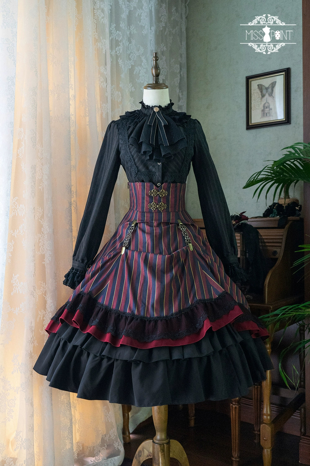 (Buyforme)Miss Point~Customized Lolita Elegant Striped High Waisted Fishbone SK (2XL L M S XL XS) 21544:312476