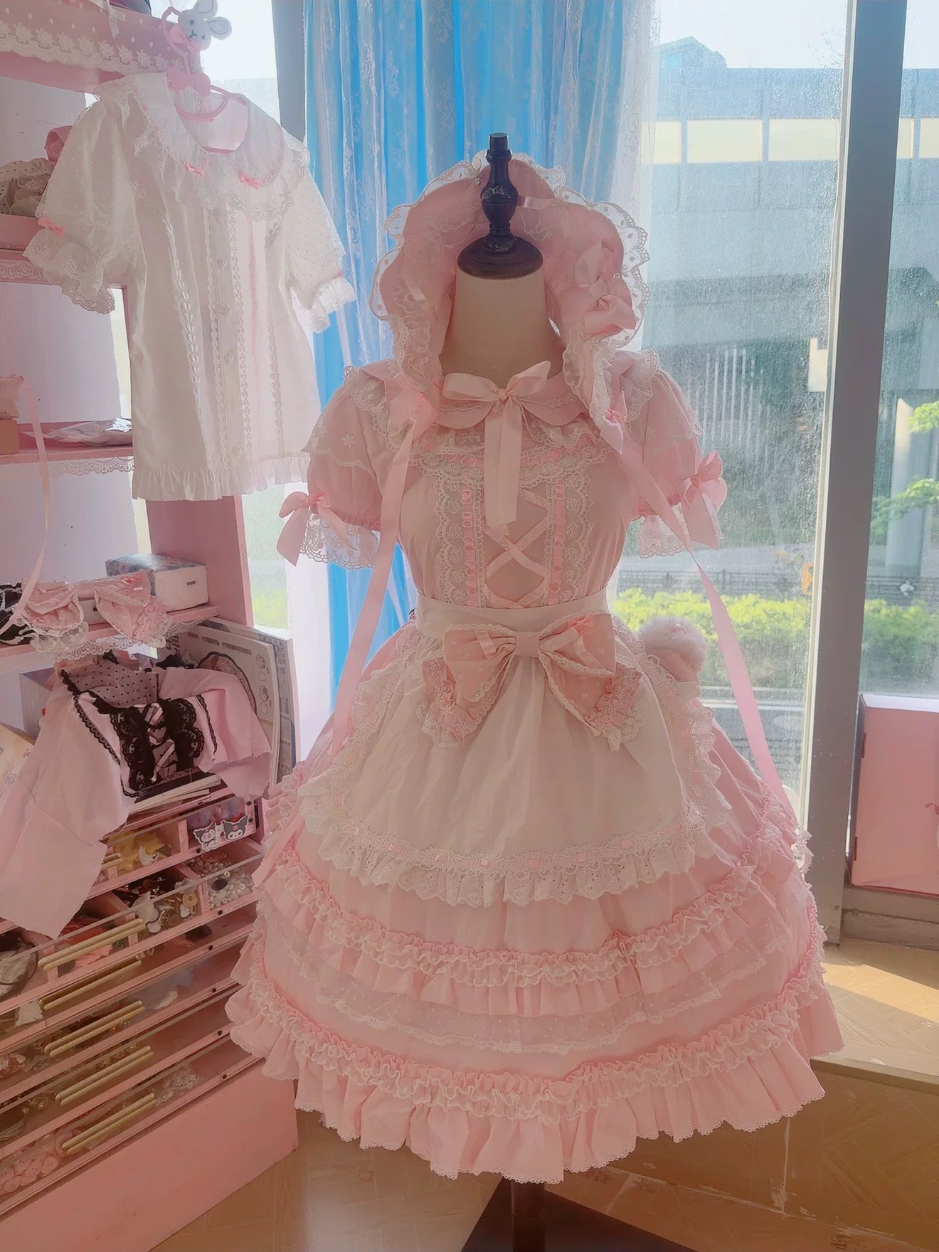 Petal Pastry Chef - Old School Lolita OP Dress with Back Rabbit Ear White Apron + KC S