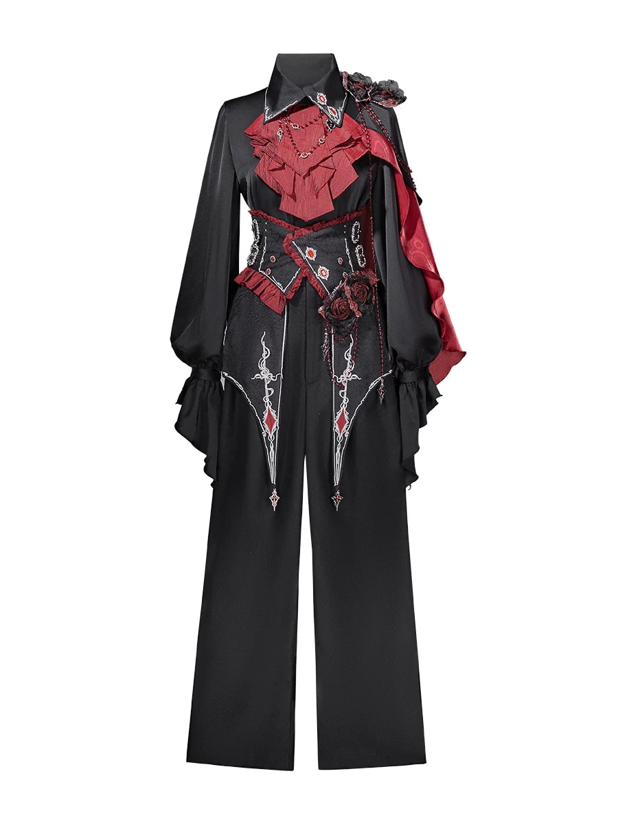 Crimson Vow - Red Black Ouji Lolita Blouse & Pants Set, Vine Embroidery (L M S XL) 45953:869276