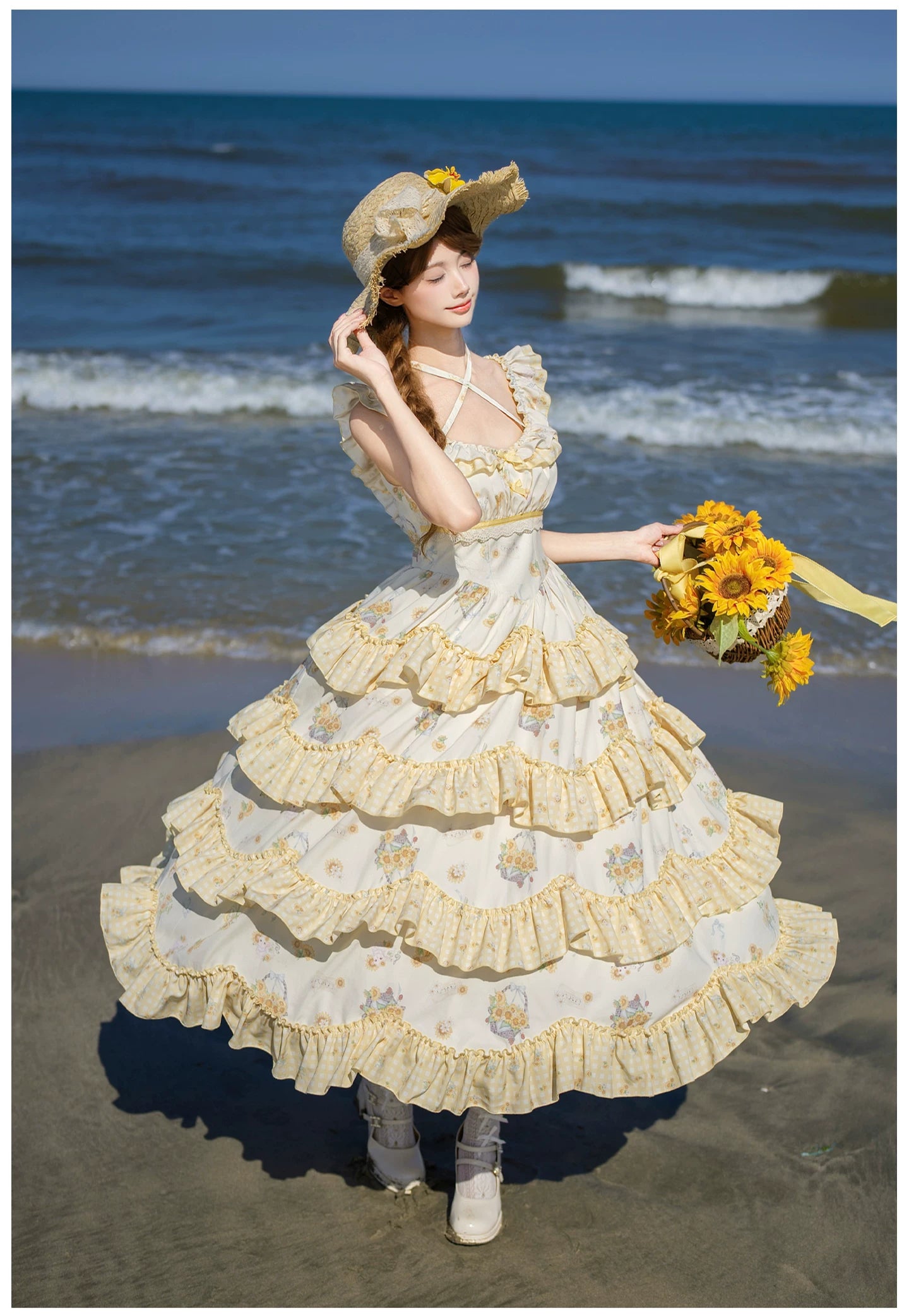 Small Sunflower - Classic Lolita Sunflower Printed JSK Dress, Tiered Hem 45740:860889
