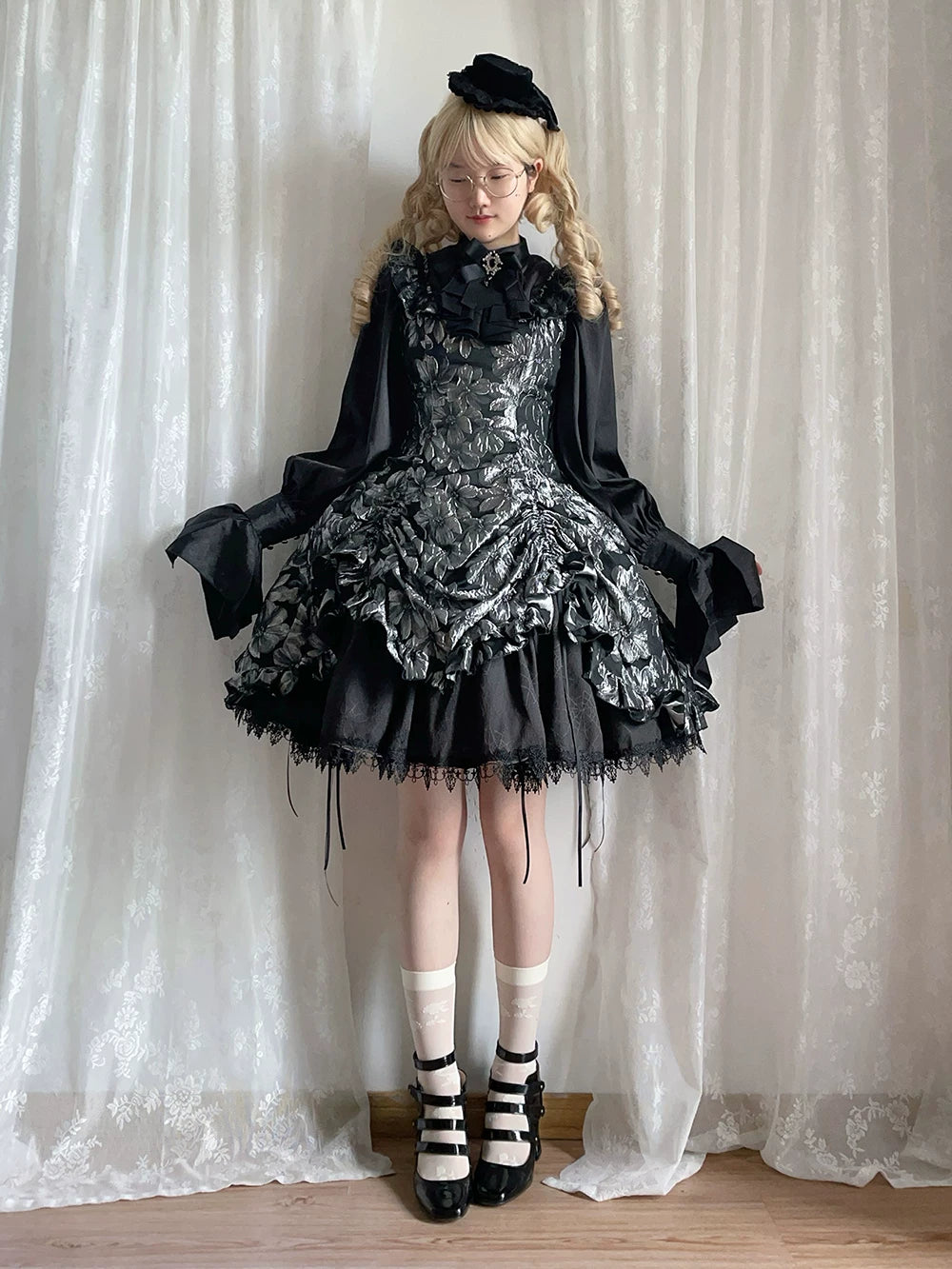 Midnight Lily - Gothic Lolita Lily Jacquard JSK Dress, Drawstring Lift-up Hem 45765:861819
