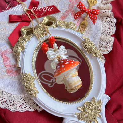 Bear Doll~Handcraft Kawaii Lolita Mushroom Necklace white bow umbrella mushroom 14106:195092