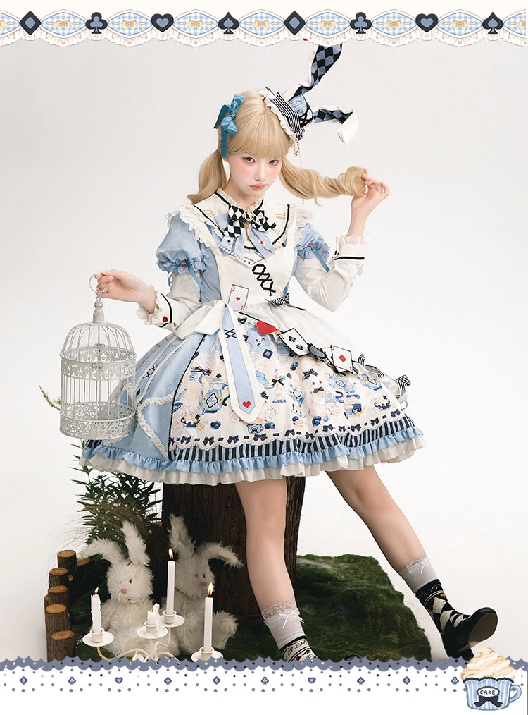 YingLuoFu - Alice - Kawaii Lolita OP Dress, Rabbit & Playing Card Motifs Blue OP (with apron) S