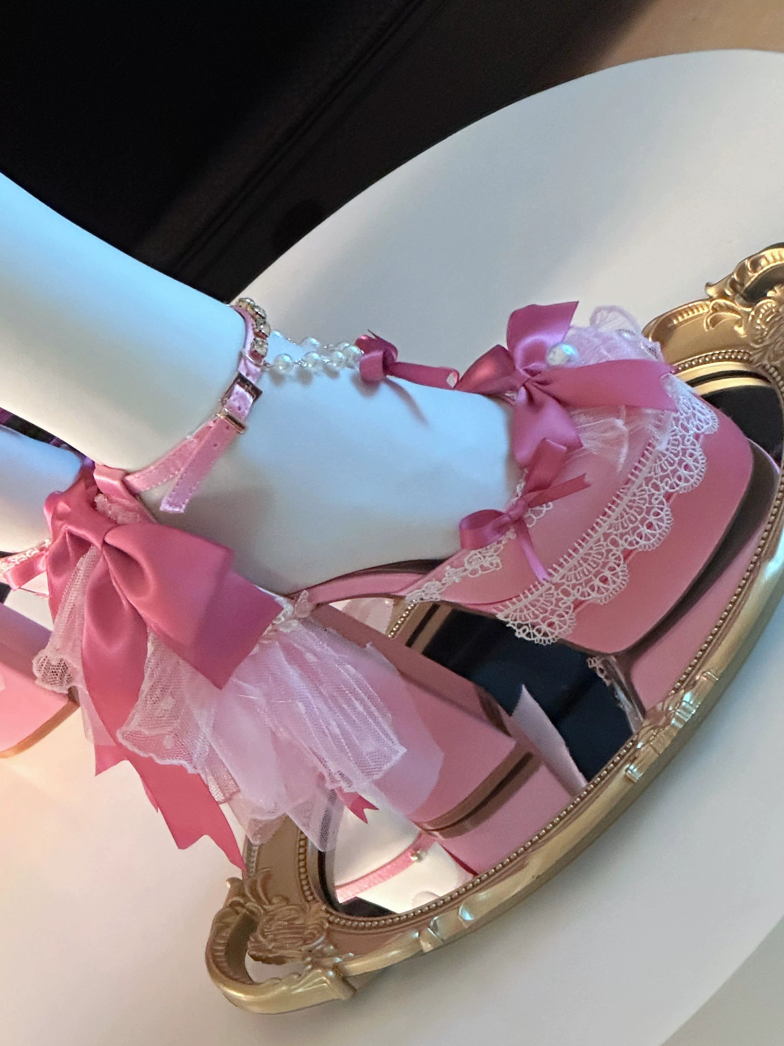 Sky Rabbit - Bowknot Dream - 14 CM Sweet Lolita High Platform Shoes with Chunky Heel Wedding Version (with added back tulle overlay) 35