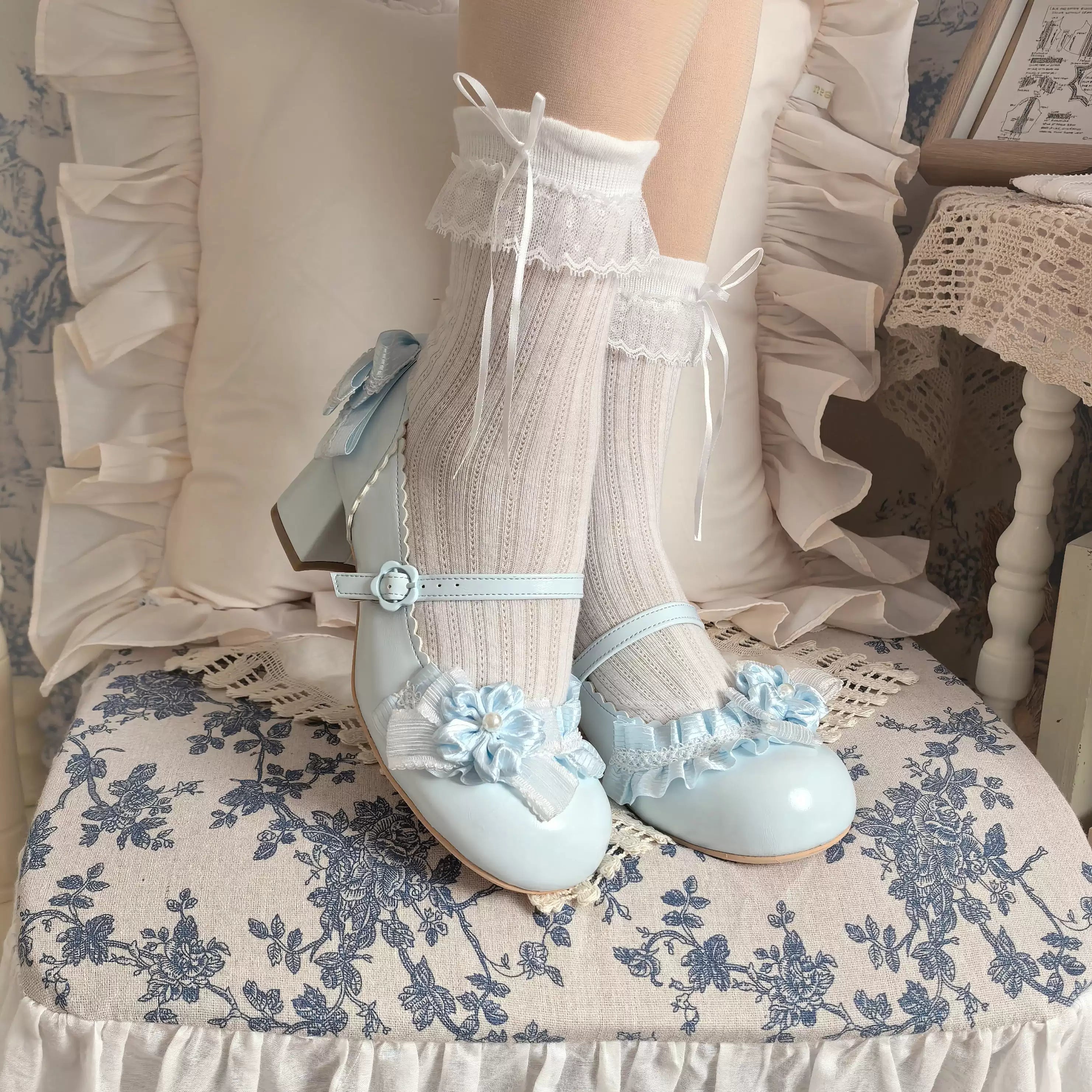 Moonlit Sakura - Sweet Lolita Round-toe Heel Shoes, Floral Accent 45385:846015