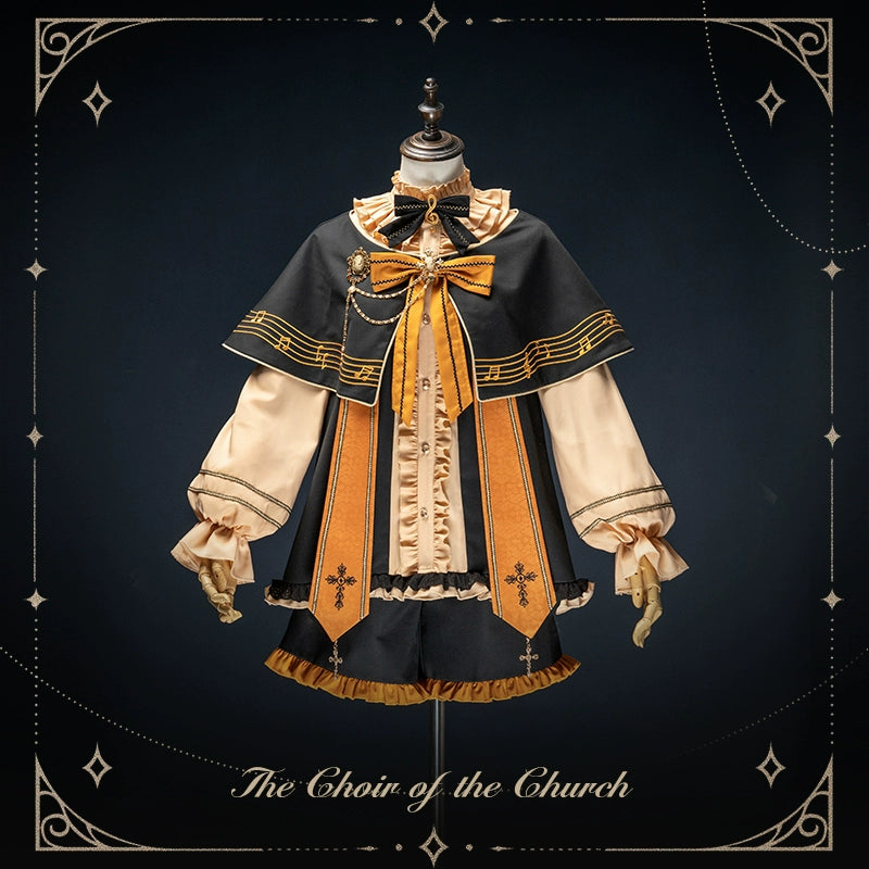Forest Fluorescent Carps - The Choir of The Church 2.0 - Ouji Lolita Shorts Set in Two Styles Younger Brother Version( Shorts+Shirt+Cape+Chest Bow Chain Set+Bowtie) S
