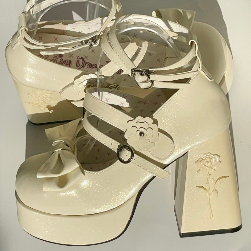Dreamland - Whispers of the Rose - Daily Lolita Platform Heels Shoes with Relief Rose Champagne (back heel height: 11 cm) 34