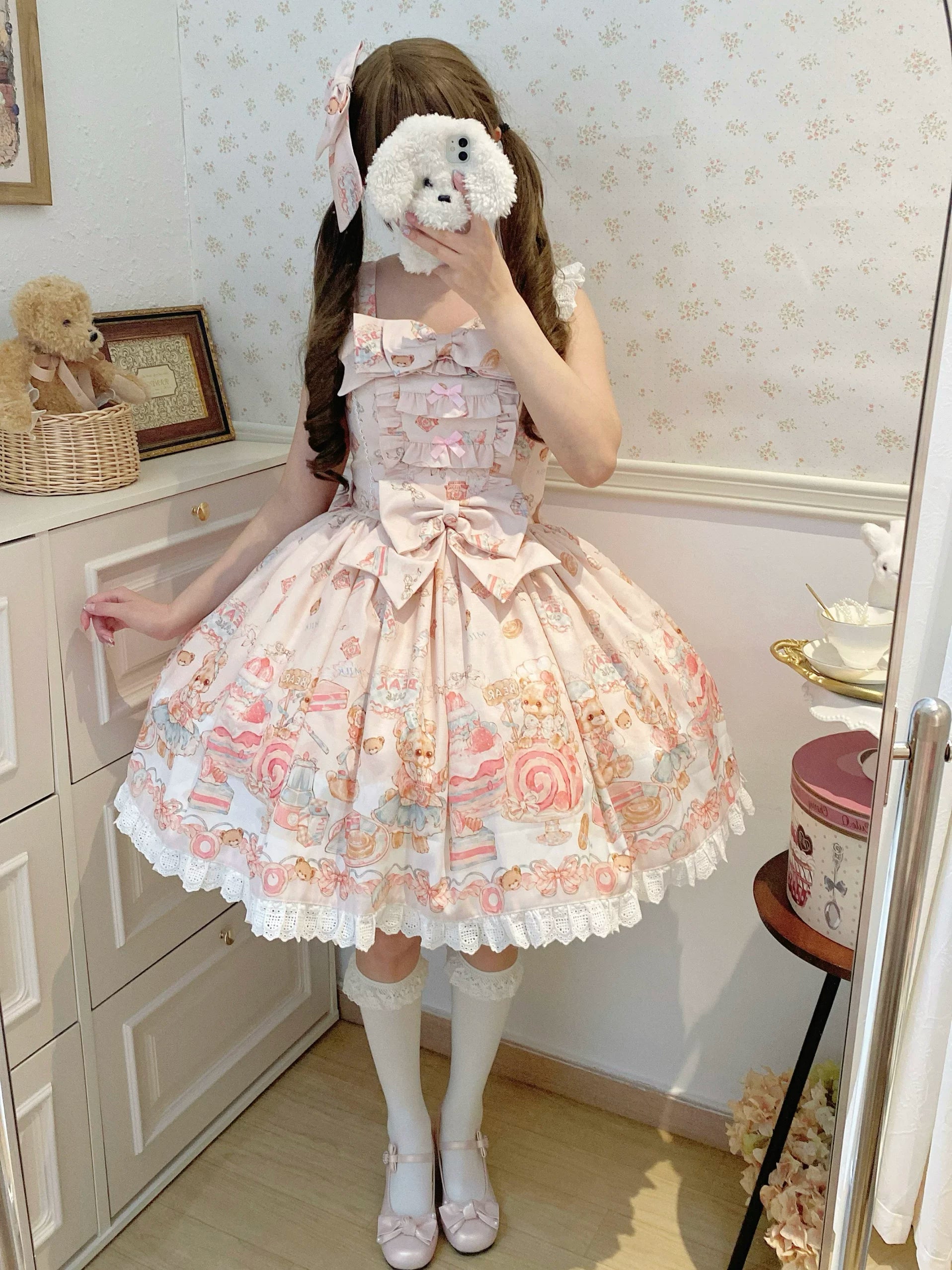 Strawberry Dessert Bear - Kawaii Lolita JSK, Bear and Dessert Print