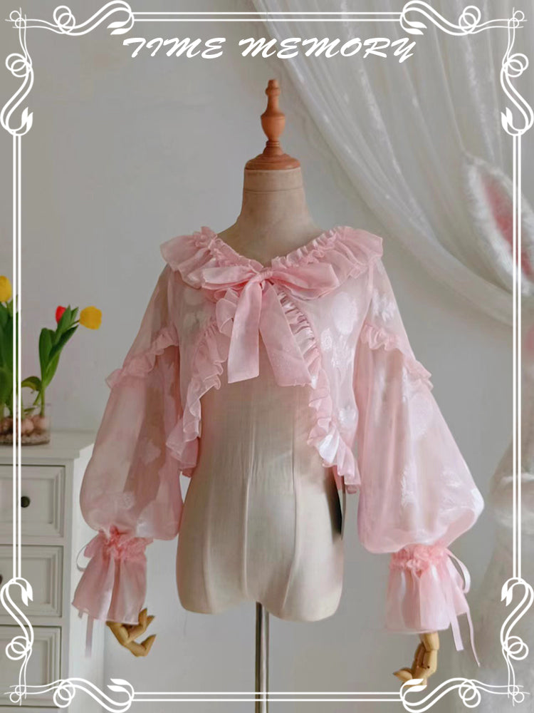 Time Memory~Xianbei~Sweet Lolita Chiffon Lantern Sleeve Cardigan with Bow S pink 