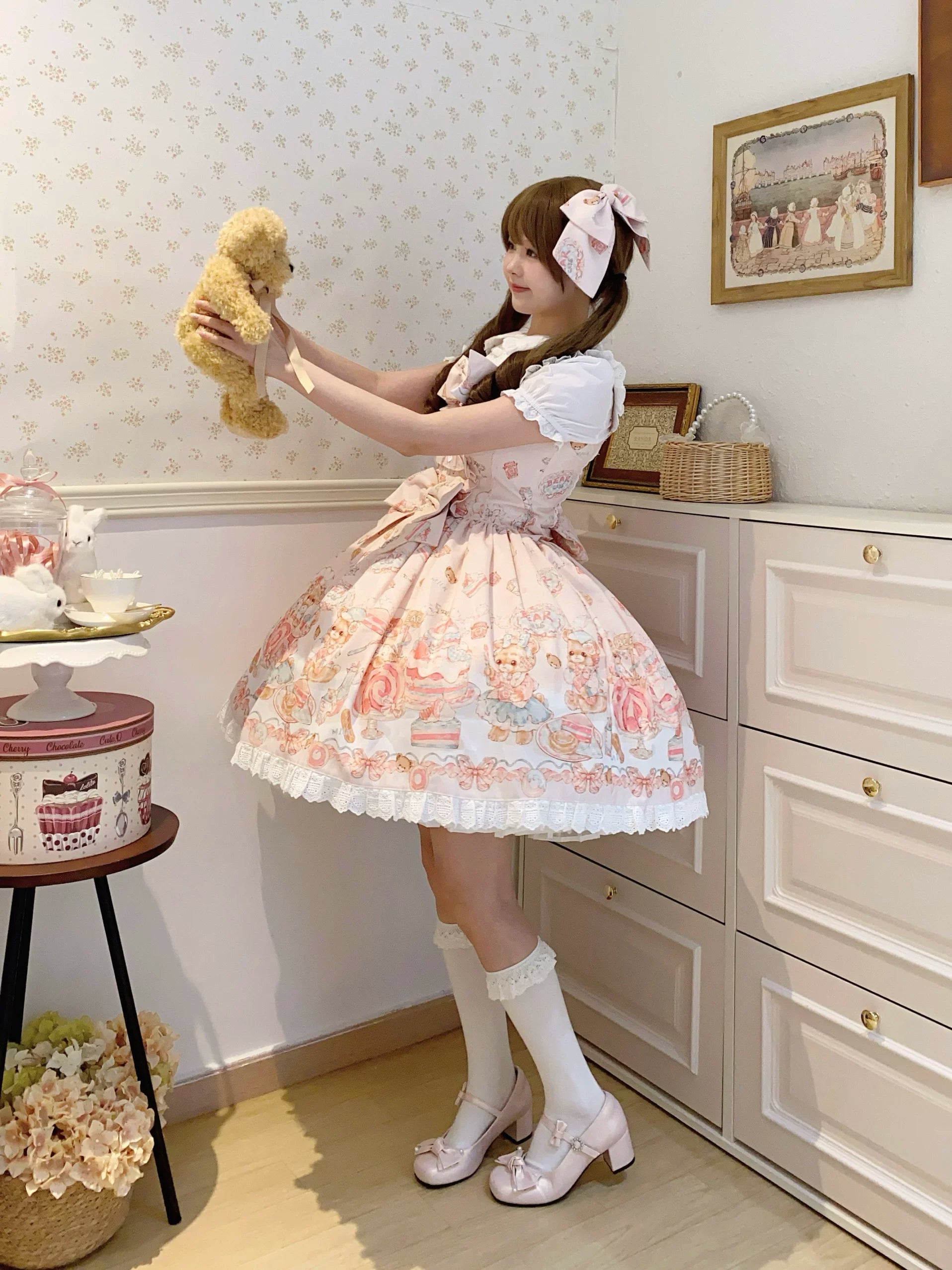 Strawberry Dessert Bear - Kawaii Lolita JSK, Bear and Dessert Print