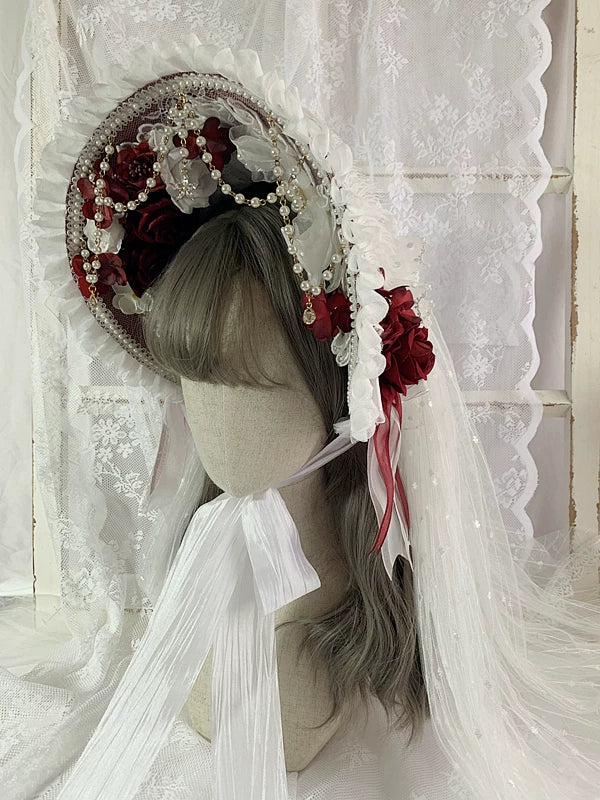 Gothic Lolita Lace BNT, Pearl Chain and Cross Pendants White and Burgundy Red BNT + Detachable Head Veil
