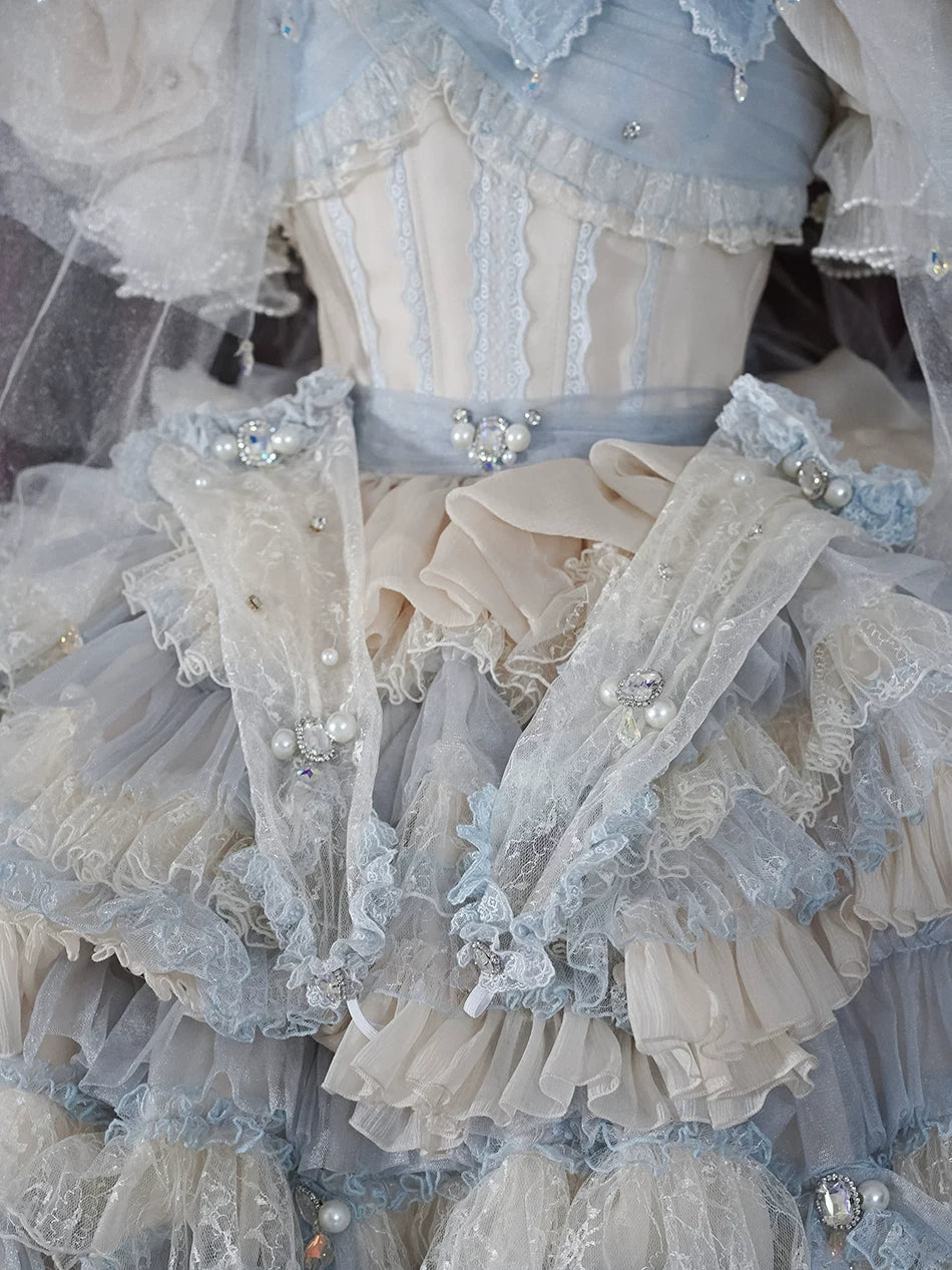 Sweet Lolita Accessories, Bow & Crystal Decor for Tea Party One Size Crystal Gray-Blue Gloves Only