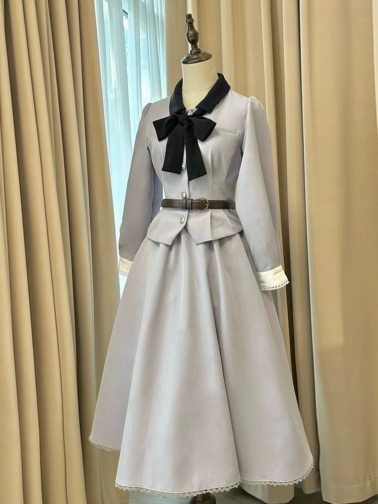 Sweet Wood - Daily Lolita Skirt Set Long sleeve Coat Dress Set S Blue jacket (with black bow tie)