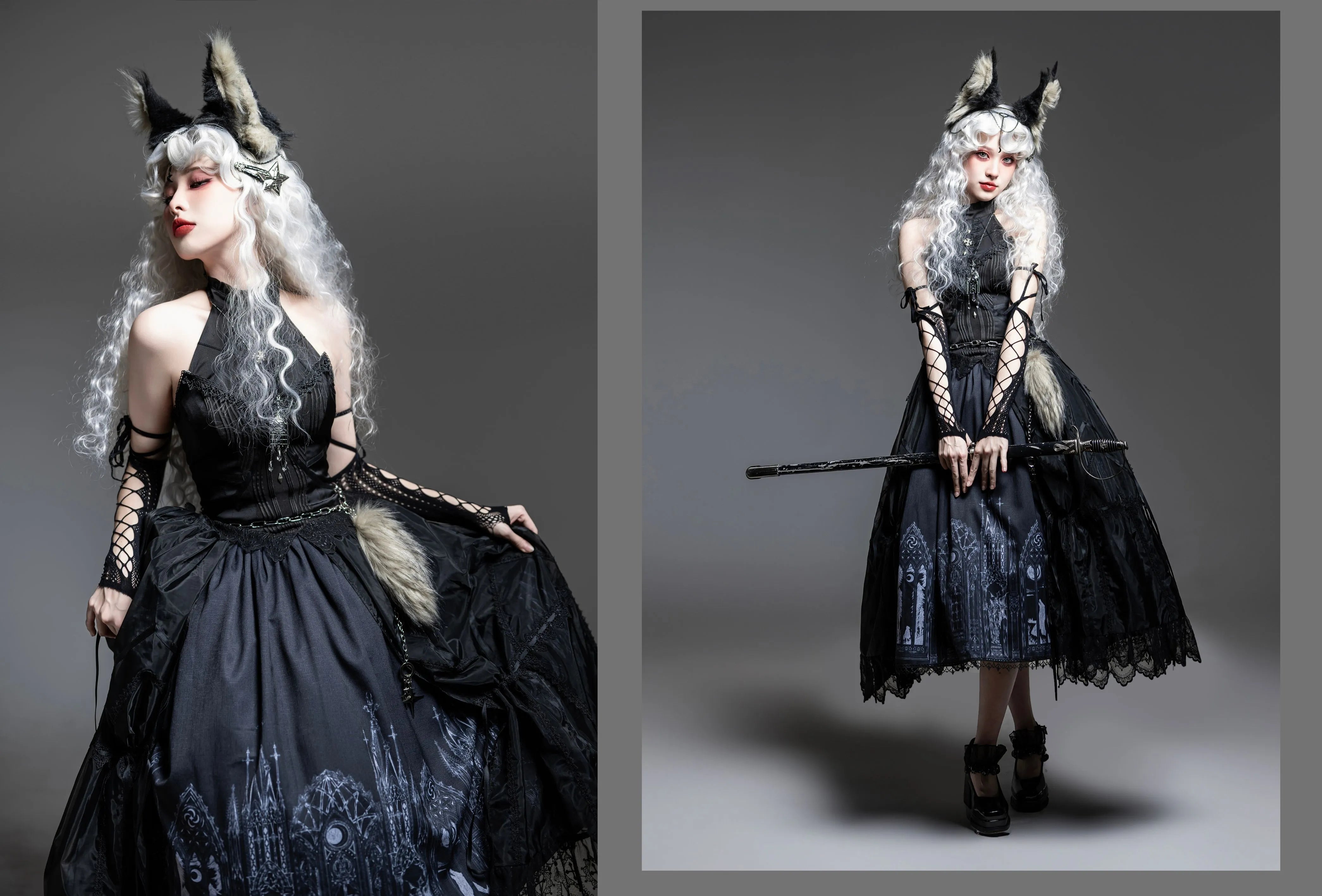 Wuyuzhe - Wolf Hunter - Gothic Lolita SK Set Halter Overskirt Cape Vest