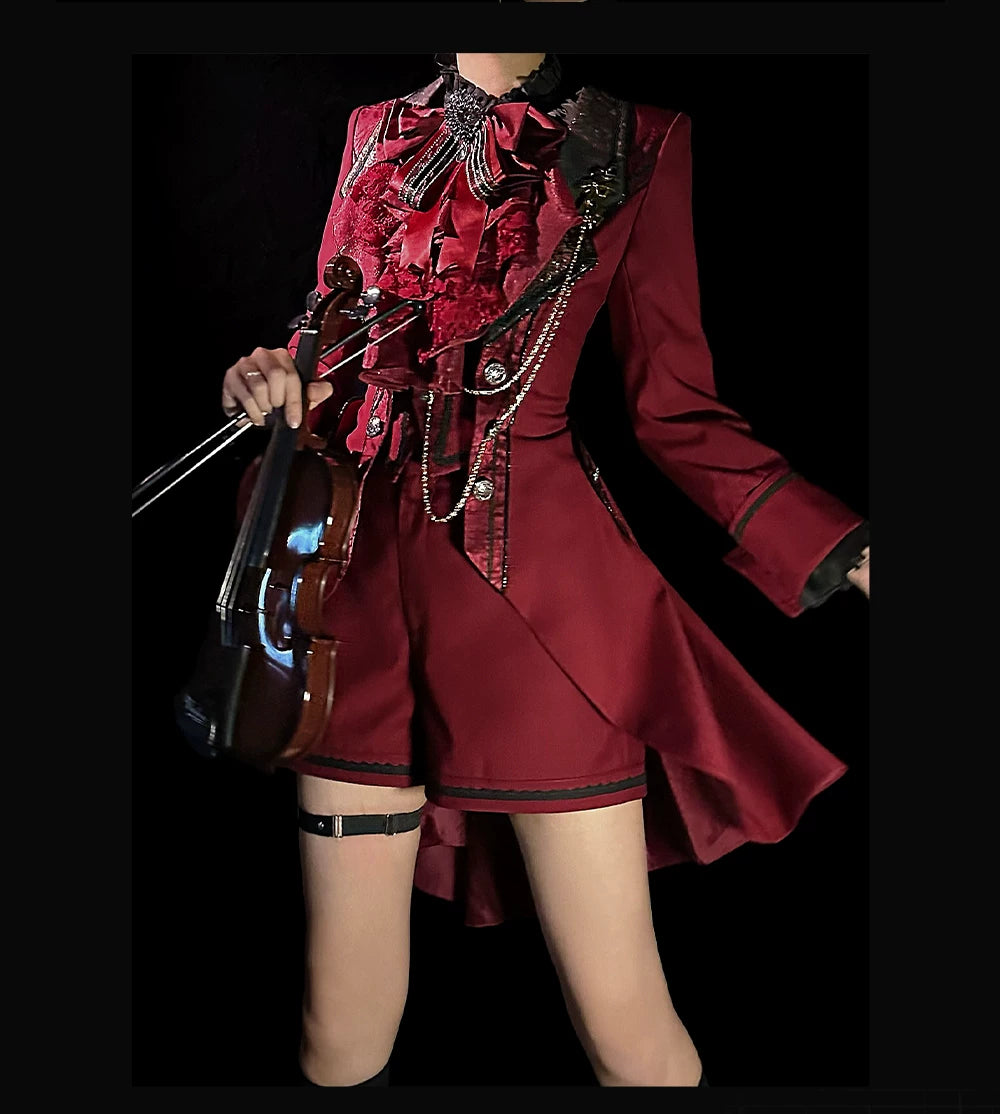Chapter Seven - Jacquard Faux Two-piece Coat Set, Ruffled Collar Shirt