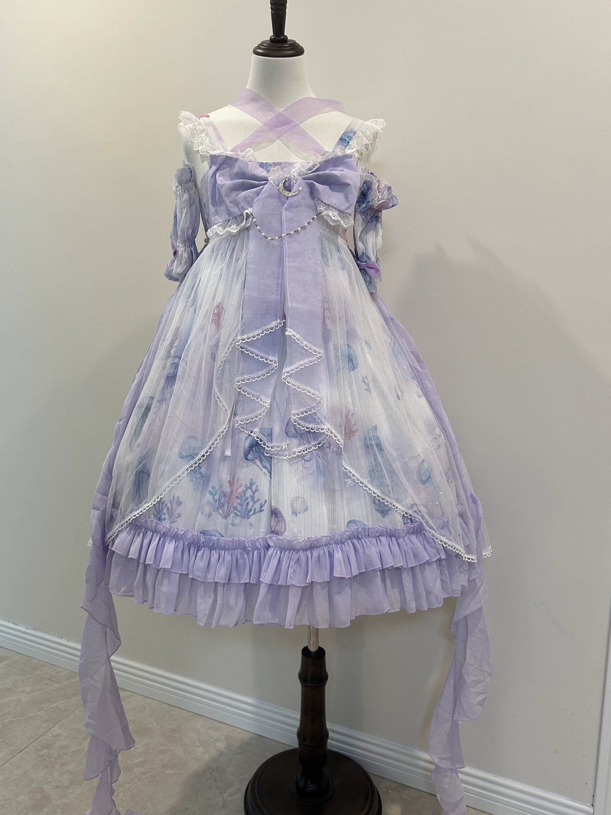 Coral Jellyfish - Sweet Lolita High-waist JSK Dress, Jellyfish & Coral Print (L M S) 44906:827326