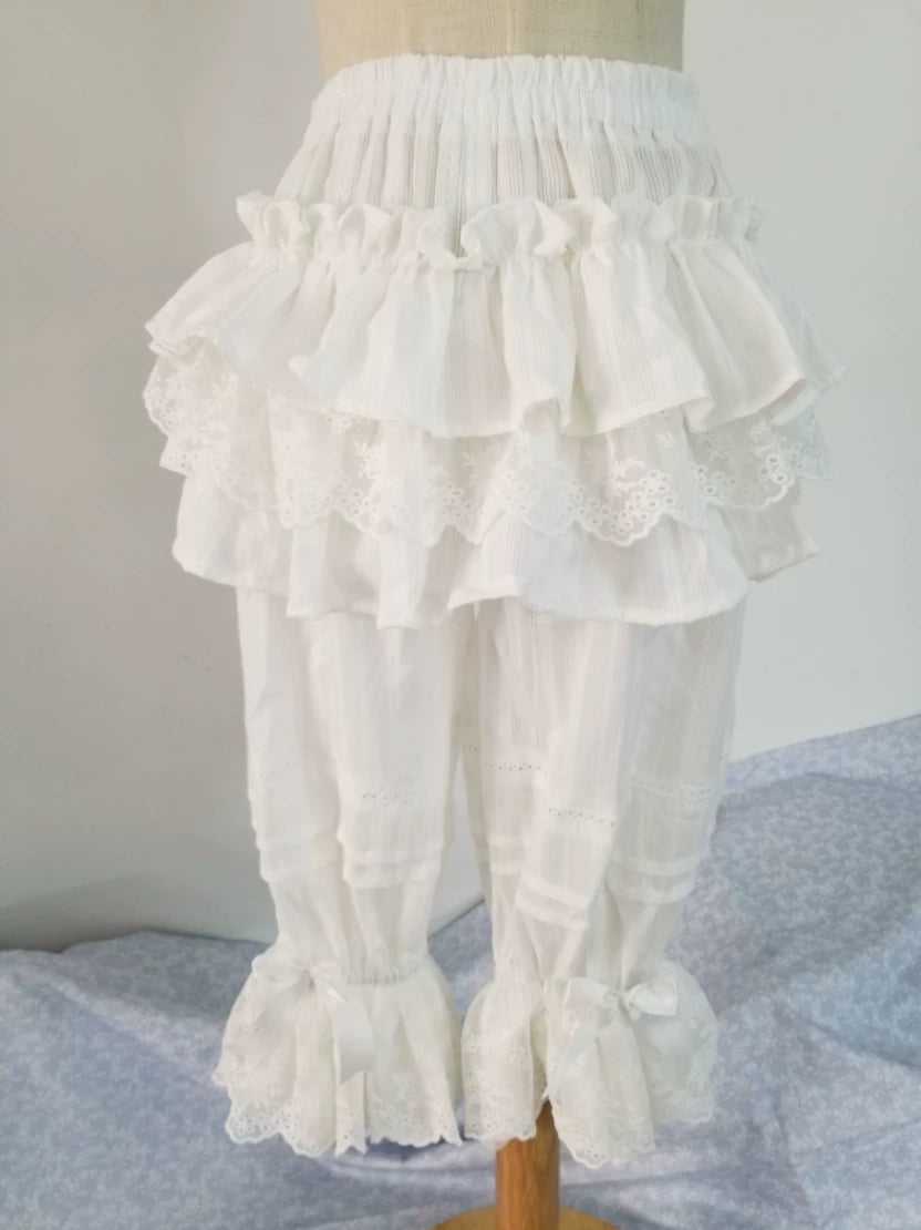 Cotton Lolita Long Bloomers, Multi-Layer Ruffle Lace Trim 45929:868719