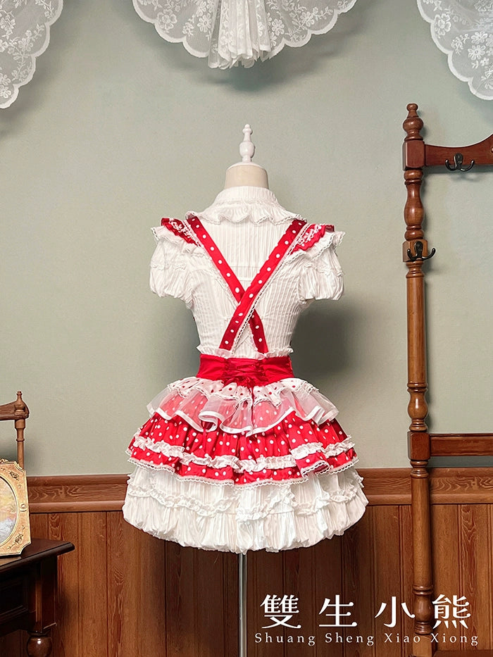 Shuang Sheng Xiao Xiong - Bite The Cake - Sweet Lolita Dress, Red & White Polka Dots