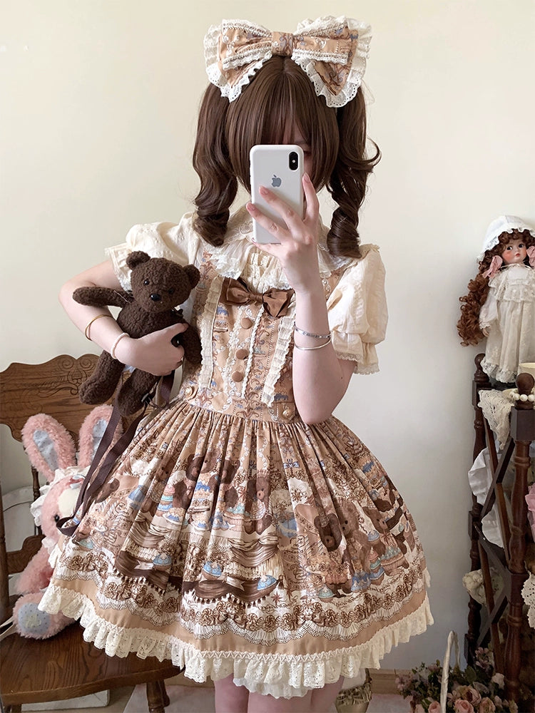 Wendy's Wardrobe - Macaron Bear - Cotton Kawaii Lolita Dress Suit, Bear & Dessert Print 43550:779117