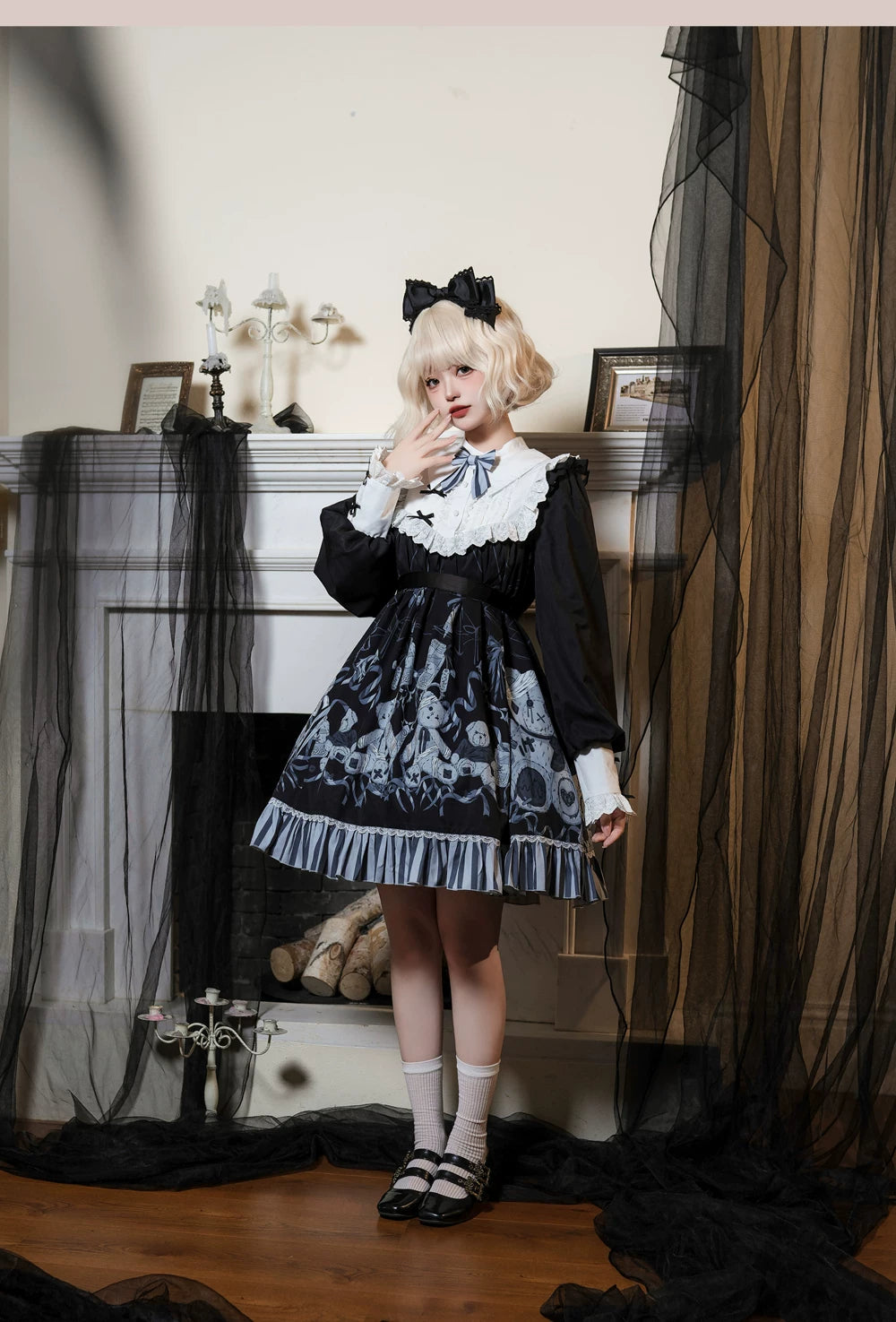 Bandage Bear - Gothic Lolita Long-Sleeve OP Dress, Teddy Bear Print 45908:867386