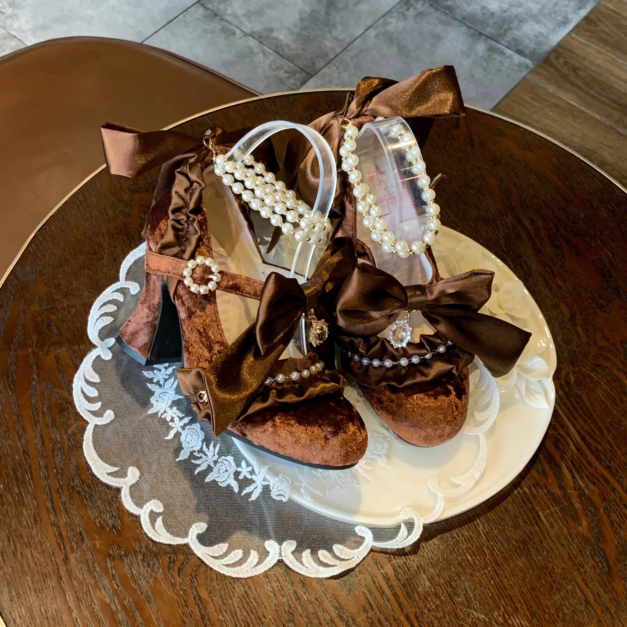 Ribbon Anthem - Gorgeous Classic Lolita Heels, Detachable Bow & Pearl (Brown / 34 35 36 37 38 39 40 41) 44639:815858
