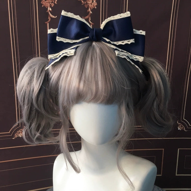 Qingyi Handmade - Sweet Lolita KC Multicolor Bow Lolita Headwear Navy blue with off-white lace